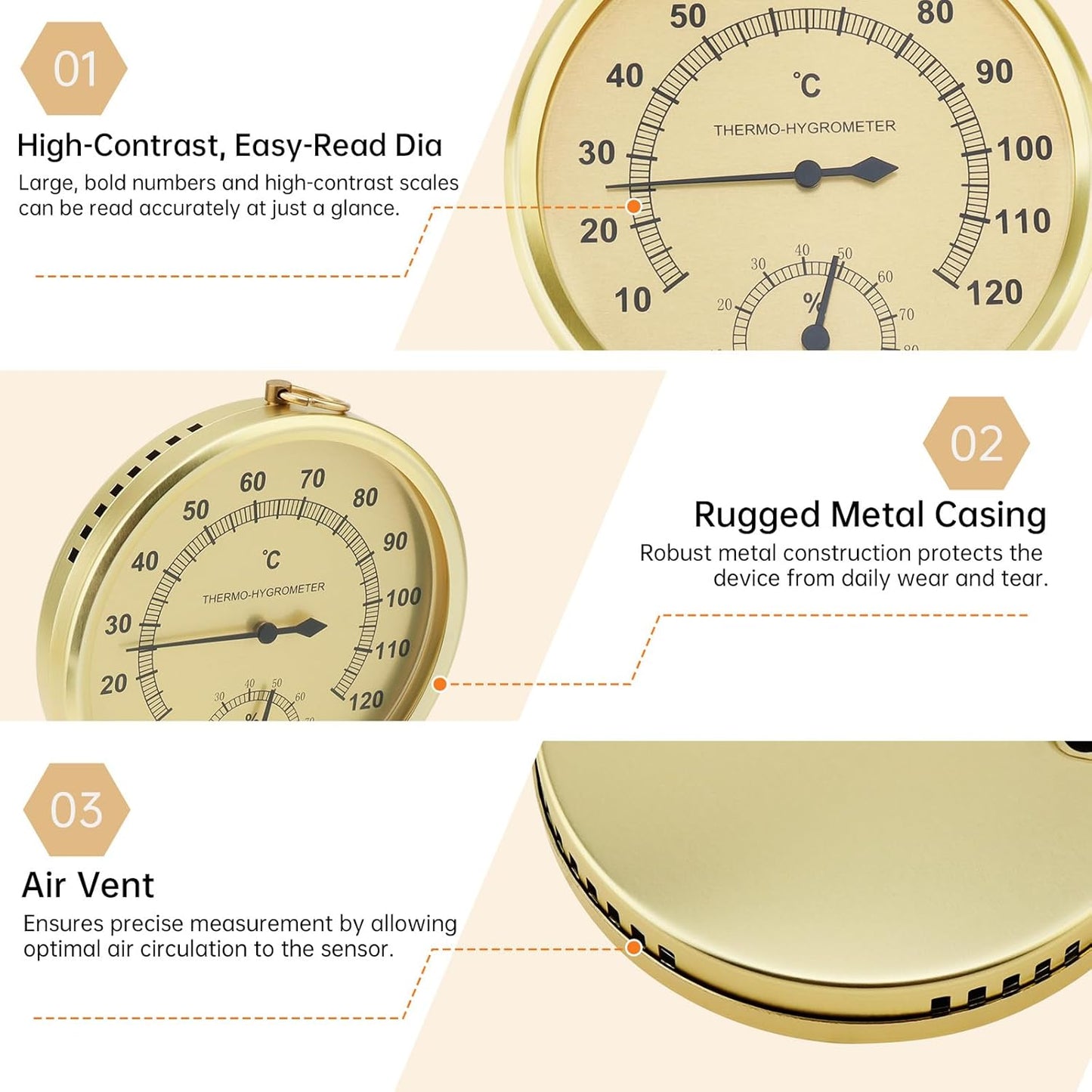 Analog Hygrometer Thermometer for Indoor Weather Dial Gauge Indicator Temperature and Humidity Monitor Hanging Hygrometer for Wall, Table, Garden, Greenhouse or Office Decorative (Gold 4.3inch)