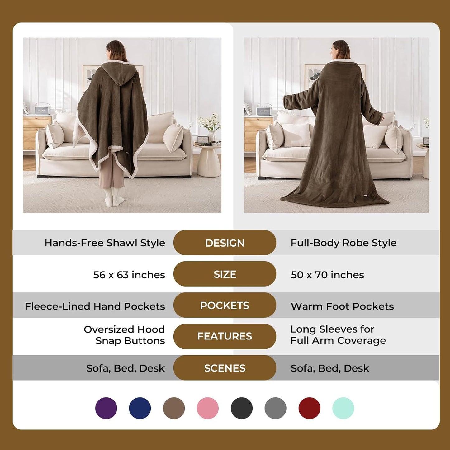 Wearable Heated Throw Blanket, Heated Shawl Electric Wrap Poncho with Hood & Pockets for Women & Men, 5 Heat Settings, 3H Auto-Off, Machine Washable, ETL Certified, Gift-Ready, 56x63, Brown