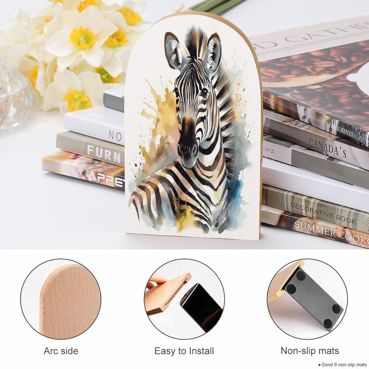Cute Zebra Watercolor Bookends 1 Pair Heavy Duty Book Ends for Shelves Non-Skid Bookend Supports Wooden Book Holders with Metal Base Desk Organizers Books Storage to Hold Books