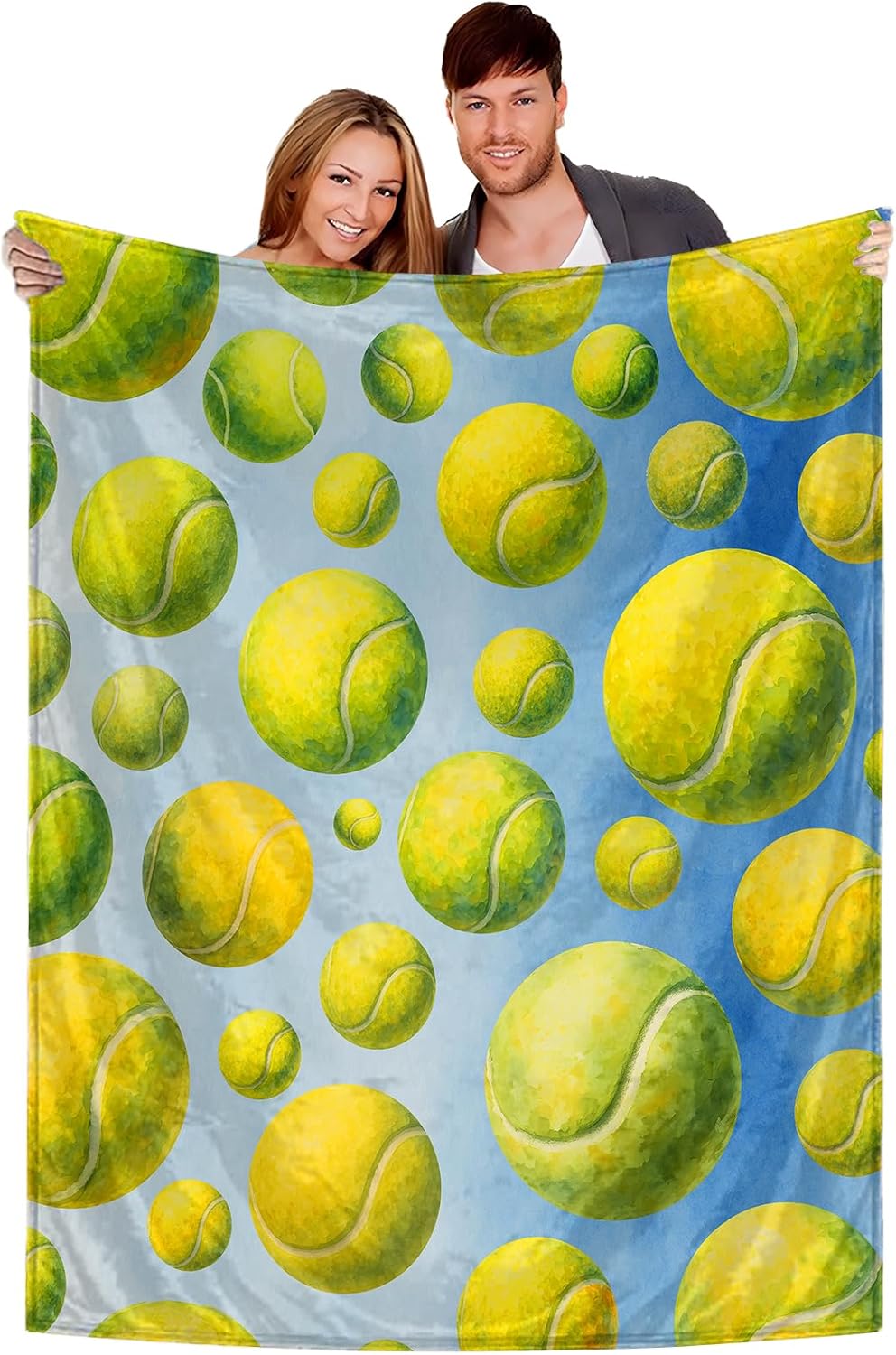 Tennis Ball Blanket Throw 50x60 Soft Flannel Fleece - Watercolor Blue Pattern Cozy Sofa Bed Dorm Decor - Gift for Player Coach, Senior Night Team Present for Women Men Girls