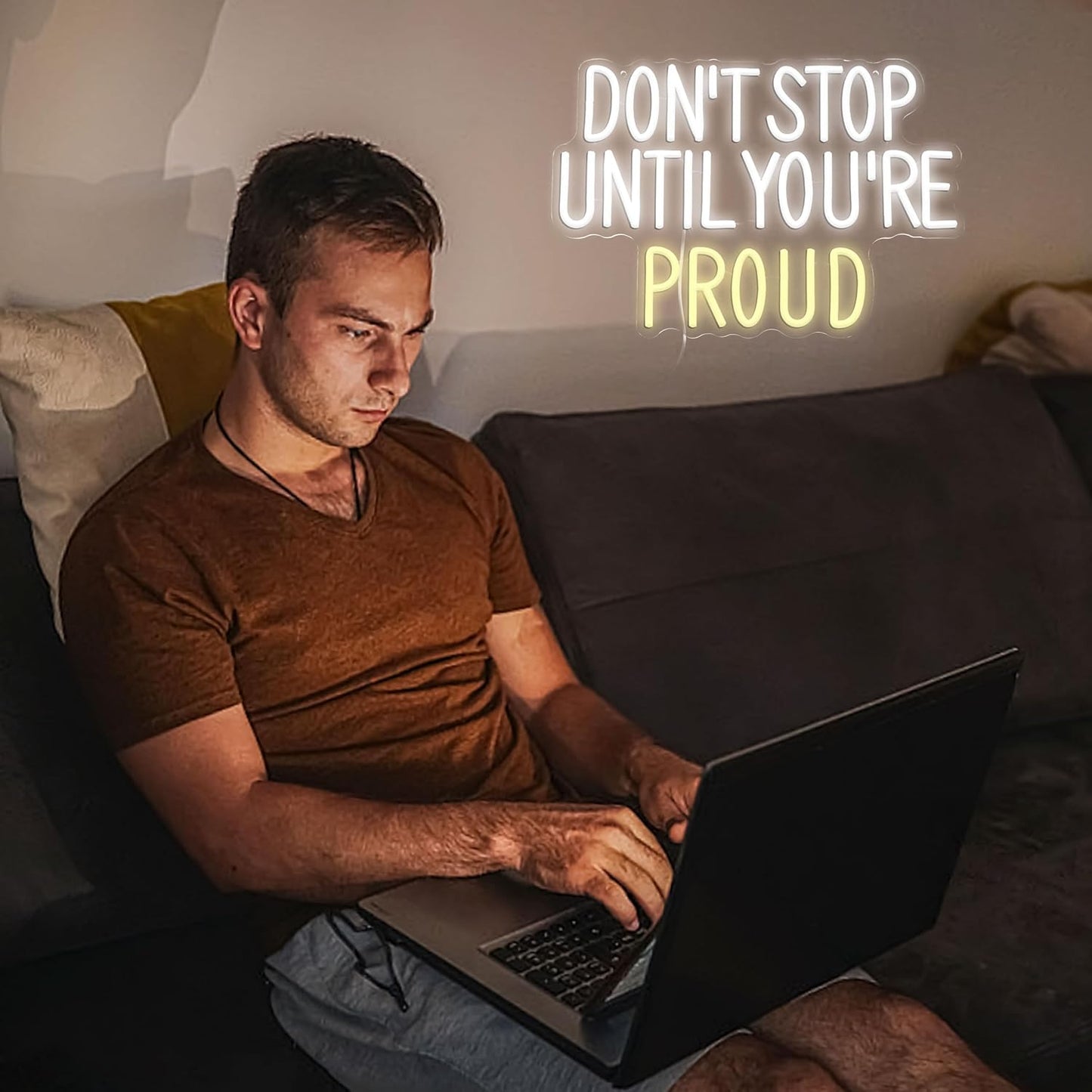Don’t Stop Until You’re Proud Neon Sign for Wall Decor Inspirational White Neon Light Dimmable Encouragement Letter Light Up Sign for Bedroom House Gym Classroom