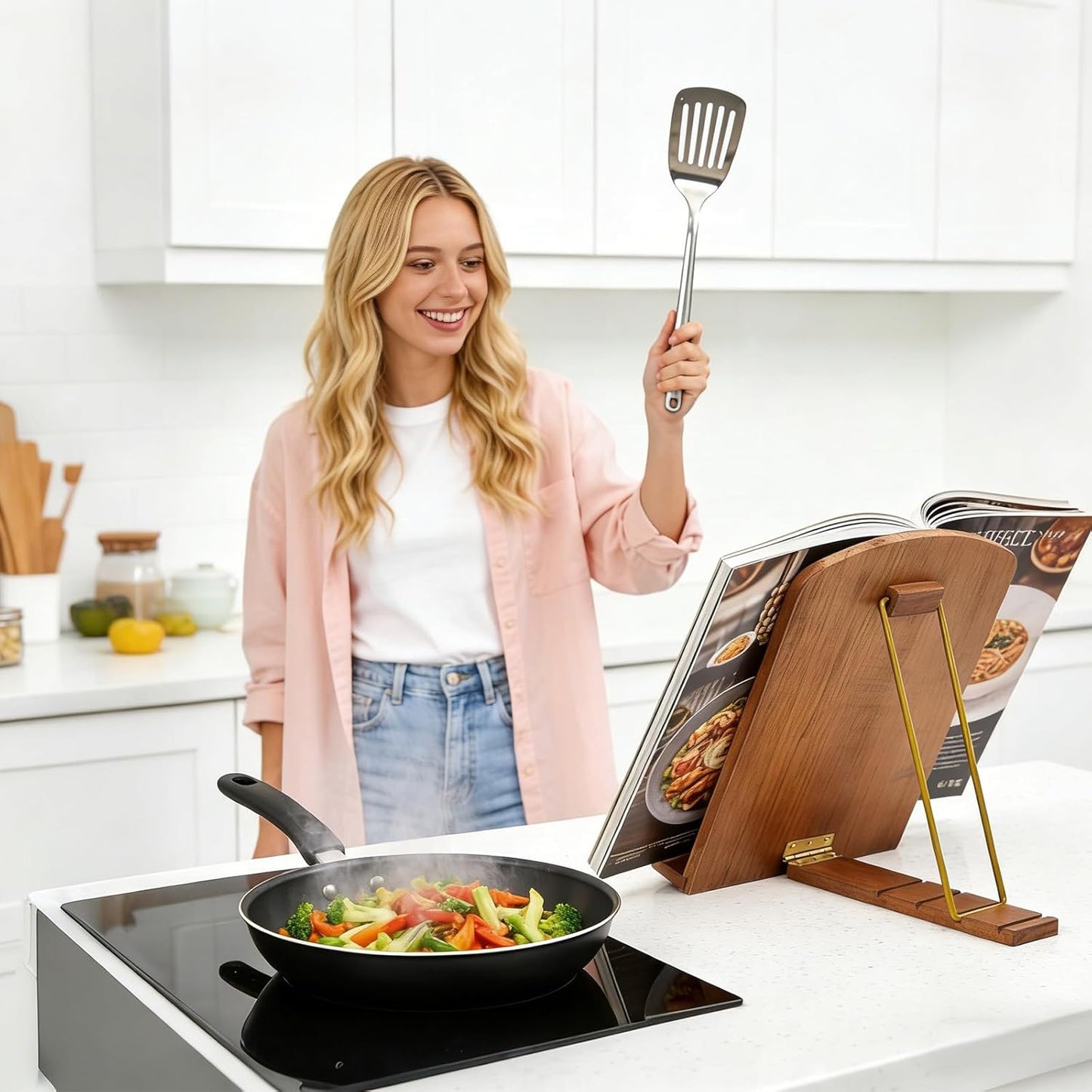 Cookbook Stand for Kitchen Counter, Adjustable Wooden Foldable Recipe Book Holder for Hands-Free Cooking, Fits Books & Tablets