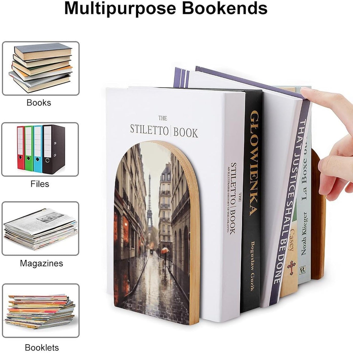 Rainy Street in Paris Bookend for Shelves Wooden Book End Large Size Sturdy Book Holders Stoppers with Metal Base for Bookshelves Slick Decorative Bookends Stands