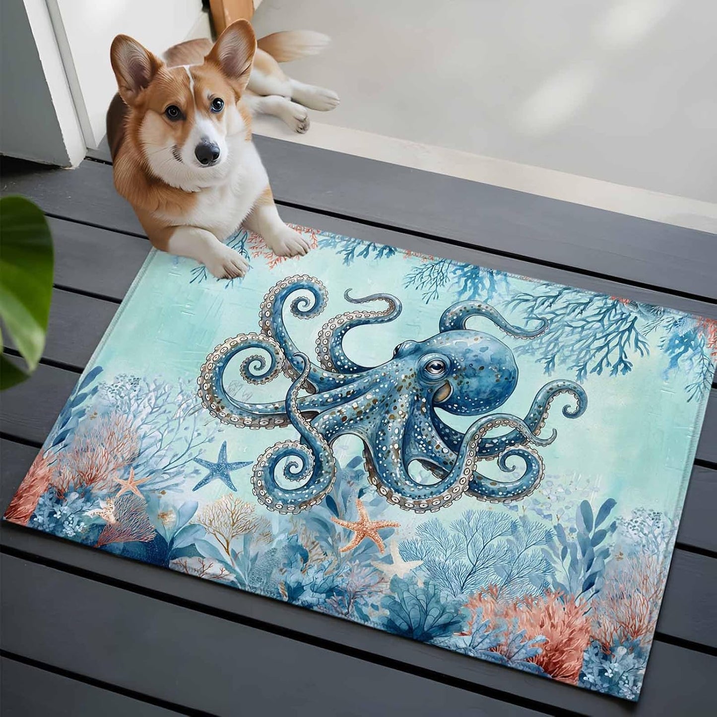 2x3 Ft Entryway Area Rug, Coastal Octopus Blue Kitchen Rug Runner Washable Floor Mat, Summer Beach Nautical Coral Starfish Non Slip Indoor Door Mat Throw Carpet for Bathroom Living Room