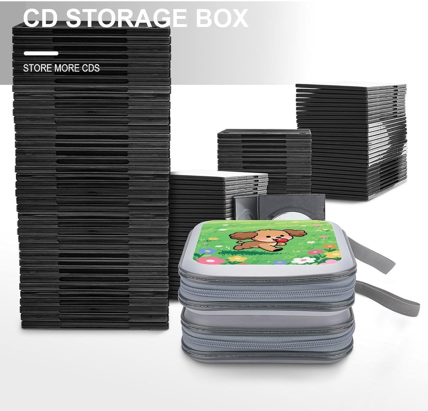 Cartoon Dog CD Case Portable Zipper CD Case 40 Capacity Hard Plastic DVD Cases Holder Large Storage Disc Wallet Bag for Car Home Travel DVD Collection Bag