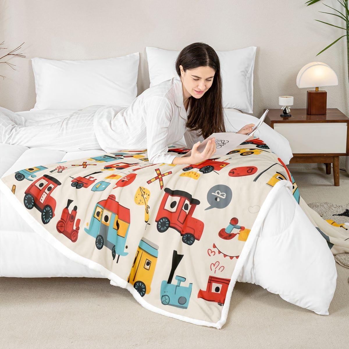 Feelyou Cute Train Car Sherpa Throw Blanket for Couch Cartoon Car Super Soft Cozy Fleece Blanket for Winter, Plush Throw Throw 50"x60" All Season
