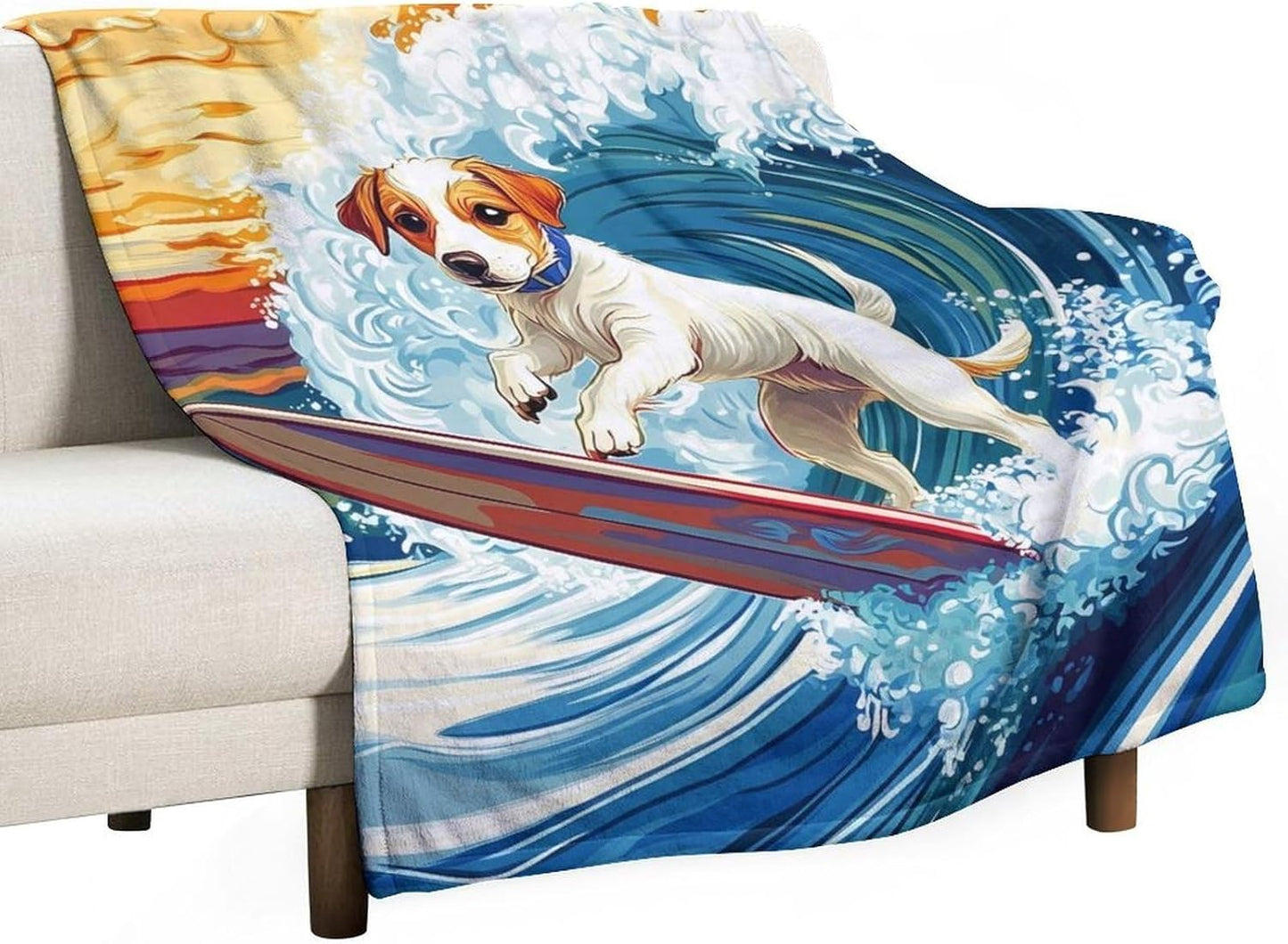 Surfing Jack Russell Dog Throw Blanket for Couch Bed Plush Cozy Fuzzy Flannel Blanket for All Season 50"x60"