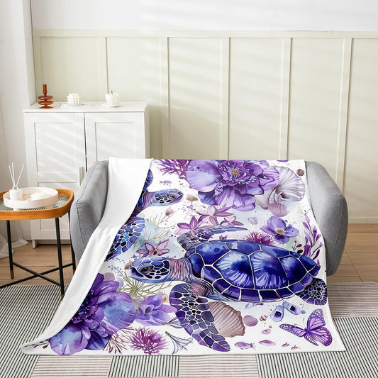 Manfei Sea Turtle Flannel Blanket Purple Flower Butterfly Throw Blanket Marine Animal Theme Cozy Throws for Bed Couch Sofa,Kids Boys Girls Room Decor,Soft and Breathable(40 x 50 Inches)