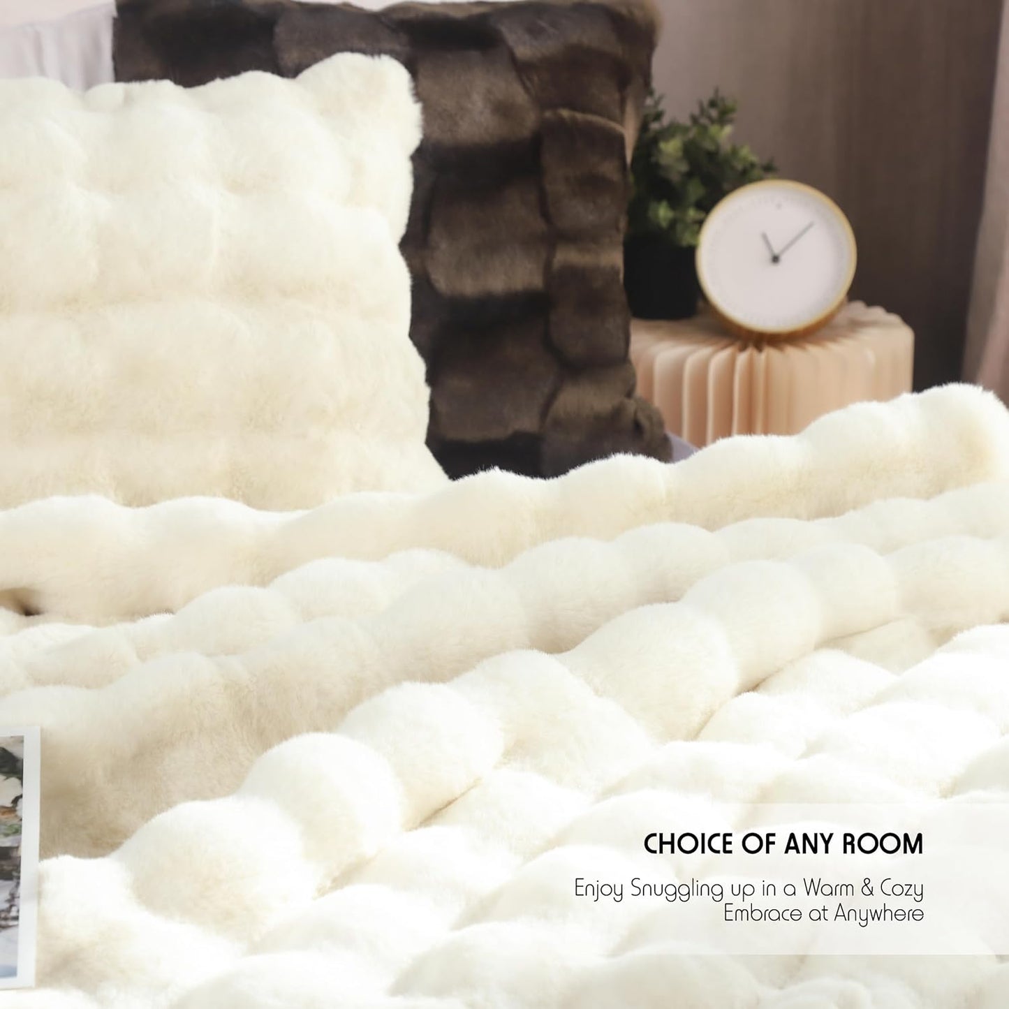Luxury Faux Fur Throw Blanket, 50"x60" Fluffy Bubble Blanket, 1000GSM Ultra Soft Reversible Rabbit Fur Blanket for Couch Sofa, Cream White