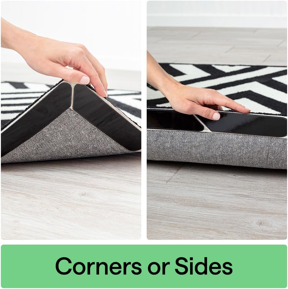 GORILLA GRIP Rug Gripper Pads Keep Area Rugs Corners from Curling, Reusable Double-Sided Stickers Holds Down Carpet in Place, Grips on Tile and Hardwood Floors Helps Prevent Sliding, Home Décor, 8 Pcs