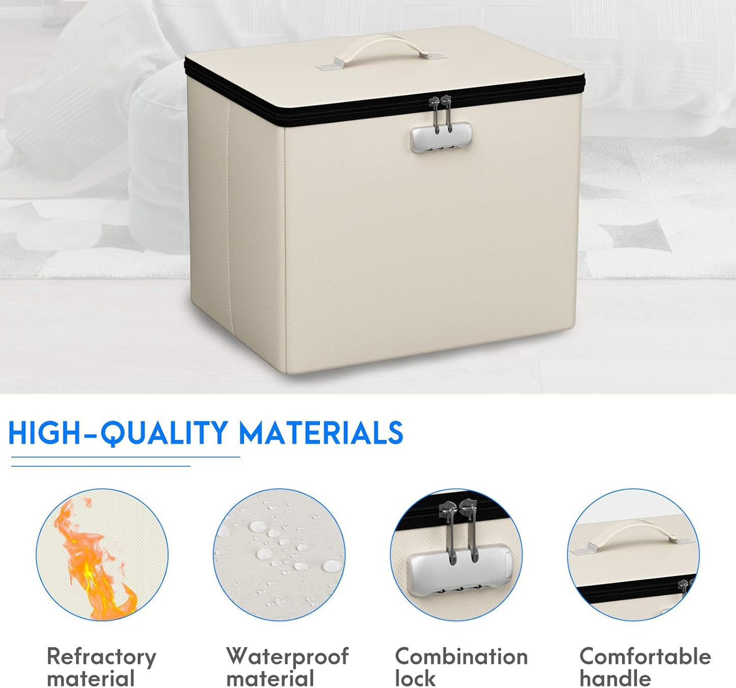 Tamfile Small Ottoman with Storage, 17 x 13 x 13 inch Fireproof Safe Folding Ottoman with Lock for Important Documents, Waterproof Foot Rest Stool with Storage, Ottoman Foot Rest with Handle, Beige
