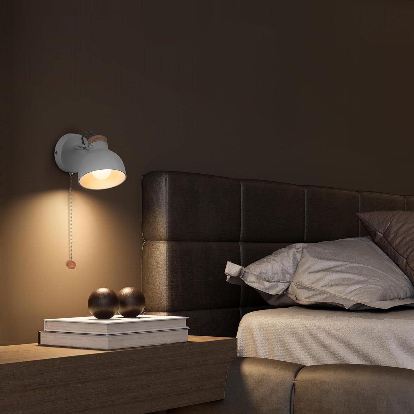Aisilan Wall Sconce with Pull Chain White Metal Wall Light for Bedside Wooden Indoor Wall Mounted Lamp with E12 Bulb Hardwire Wall Sconces for Bedroom Living Room Hallway Office 3000k Warm White