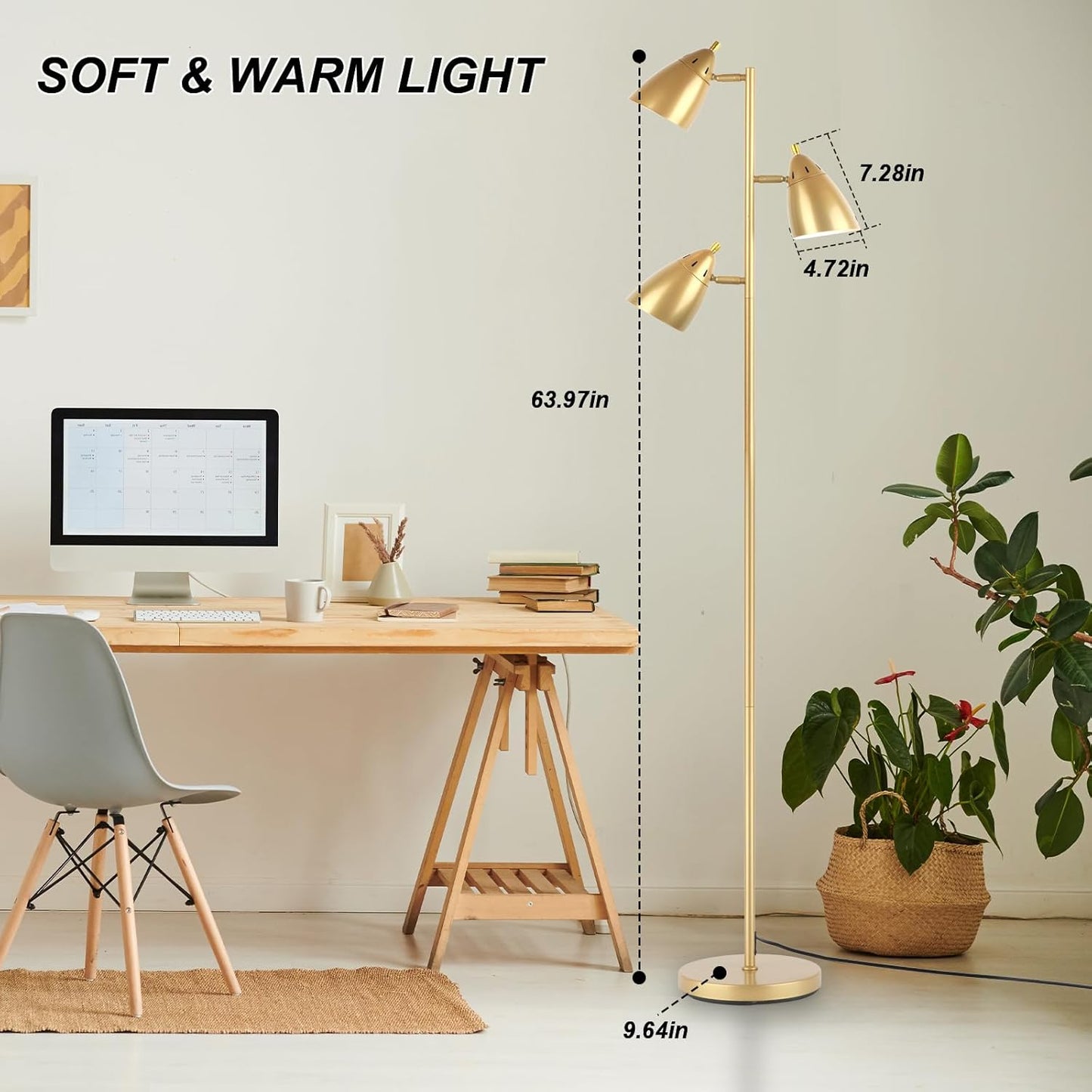 Tree Floor Lamp for Living Room, Industrial 3-Light Standing Lamp with 3 LED Bulbs, Adjustable Rotation Heads, Standing Tall Pole Lamp Farmhouse Rustic Reading Lamps for Bedroom Office (Gold)