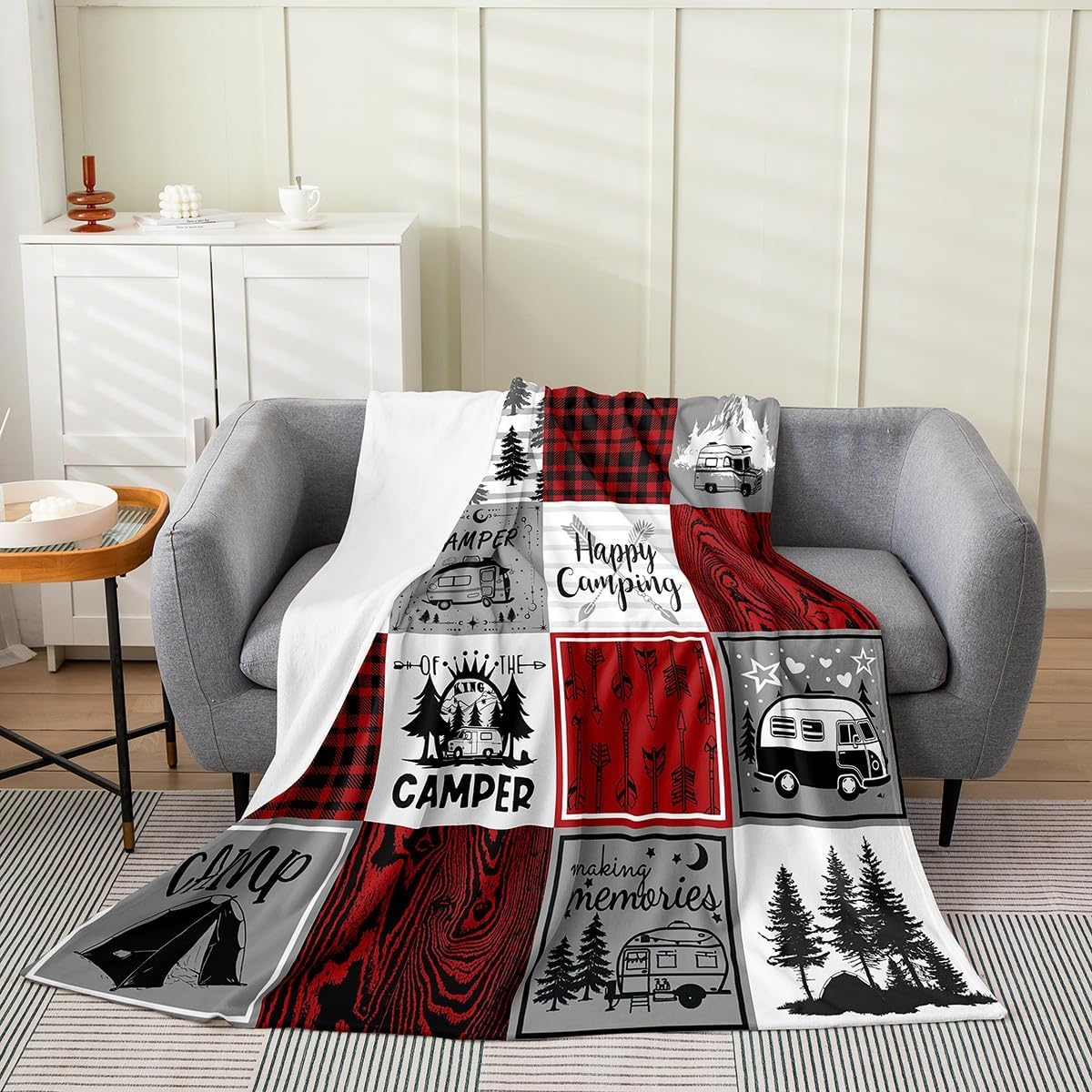 Erosebridal Camper Car Fleece Blanket,Red Grey Checkered Grid Blanket for Adults Men Women,Happy Camping Throw Blanket,Rustic Farmhouse Style Fuzzy Blanket,40x50 Warm All Season