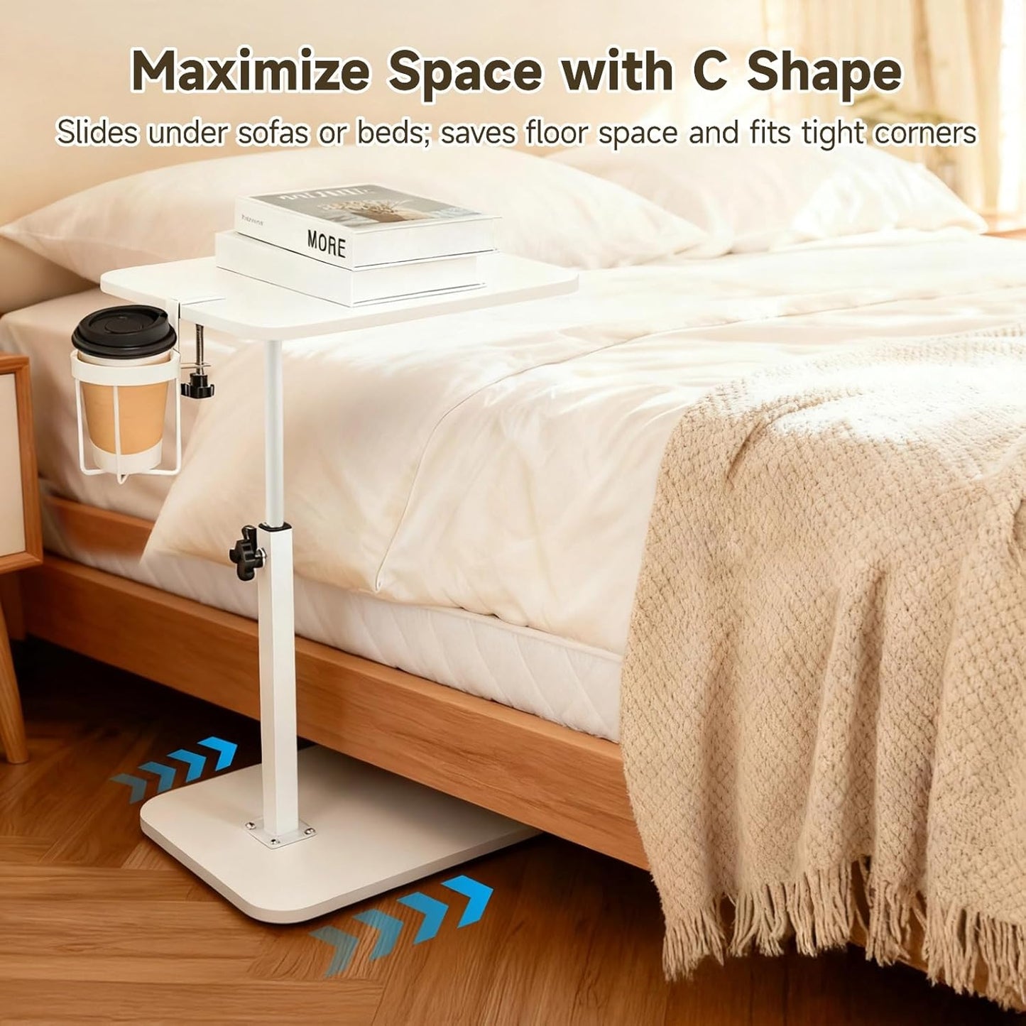 360° Swivel C Shaped Side Table with Cup Holder, Adjustable Height Sofa Tray Table for Couch or Bed, Sliding Under Sofa Snack & Laptop Side Table for Small Spaces, White End Table