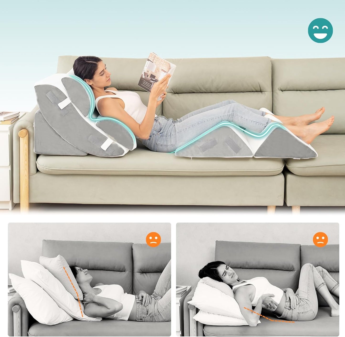 Hansleep Bed Wedge Pillow Set for After Surgery 6PCS, Post Surgery Pillow for Sleep Apnea and Acid Reflux Relief, Adjustable Reading Pillows Back Support with Memory Foam, White, 23"