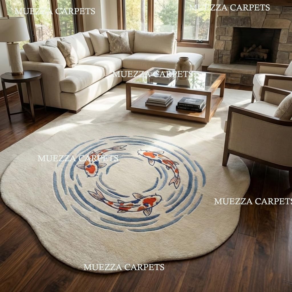 Hand Tufted Wool Koi Fish Area Rug 2x3 Ft – Japanese Zen Inspired Plush Accent Rug for Entryway Bedroom Decor