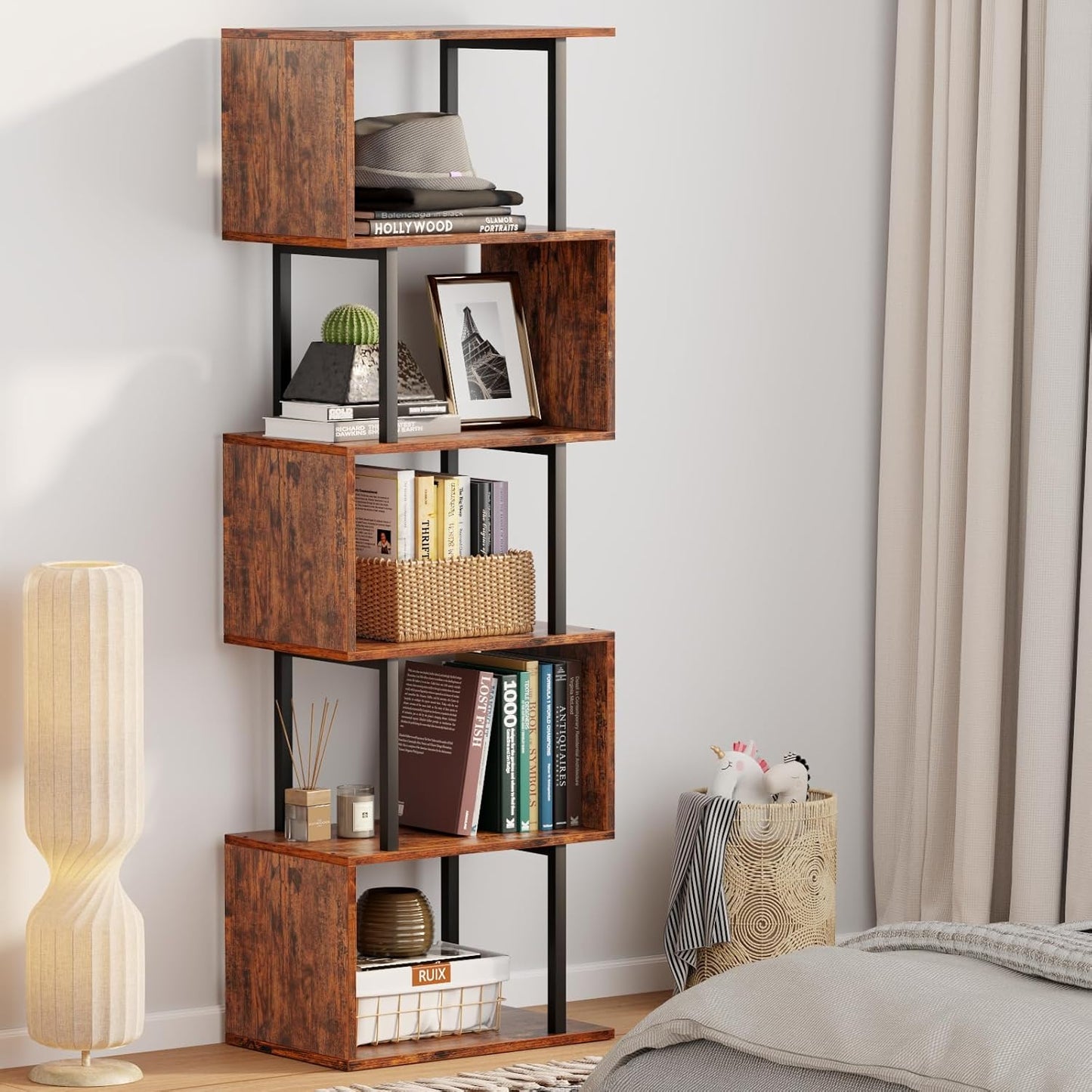 Furologee 6 Tier Bookshelf, Tall S Shaped Geometric Bookcase, Modern Display Shelf Standing Unit, Wood Metal Decorative Divider Rack for Living Room Bedroom Office, Rustic Brown | Tall, Bookcase, Display, Book Shelf, Decorative, Bookshelves