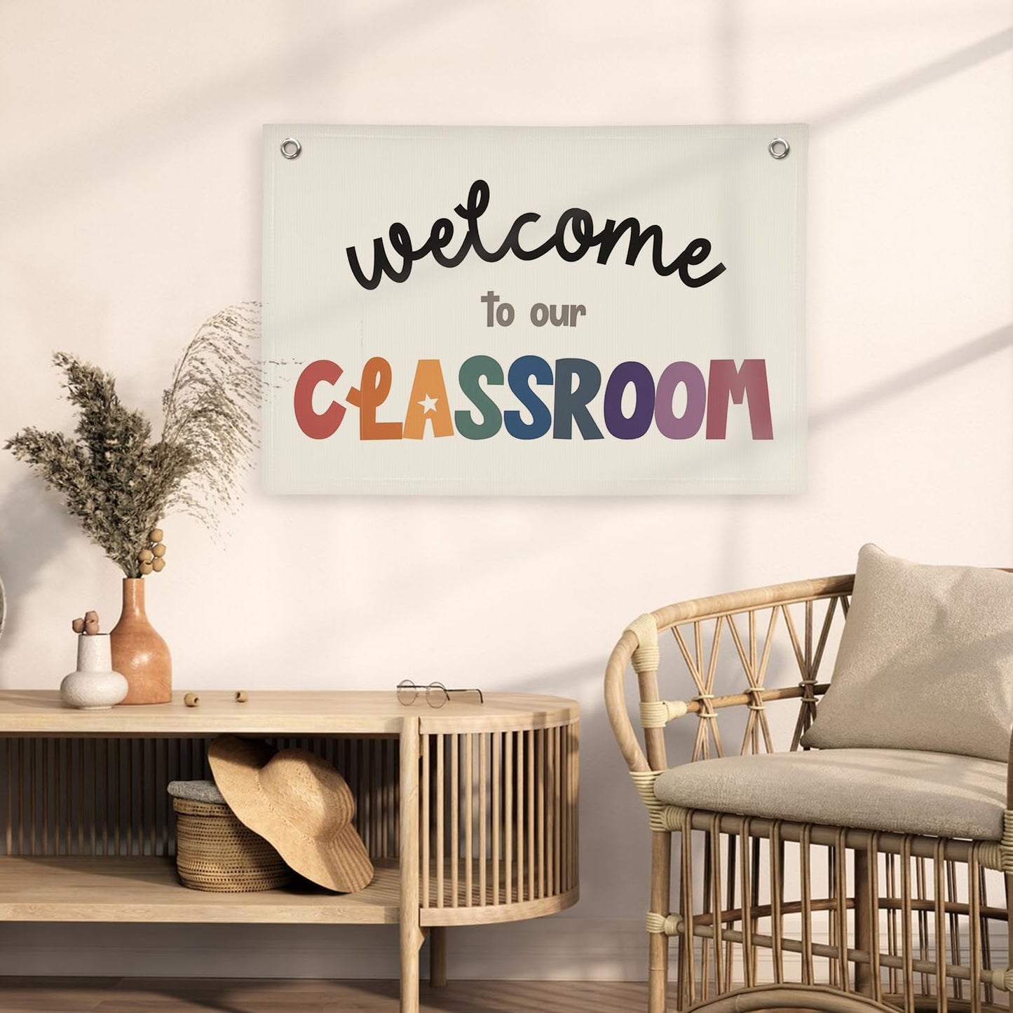 Boho Classroom Decor Welcome To Our Classroom Canvas Banner, Welcome Sign Back To School Neutral Classroom Must Haves Wall Decor, Linen Hanging Decor forl Kindergarten 20x30