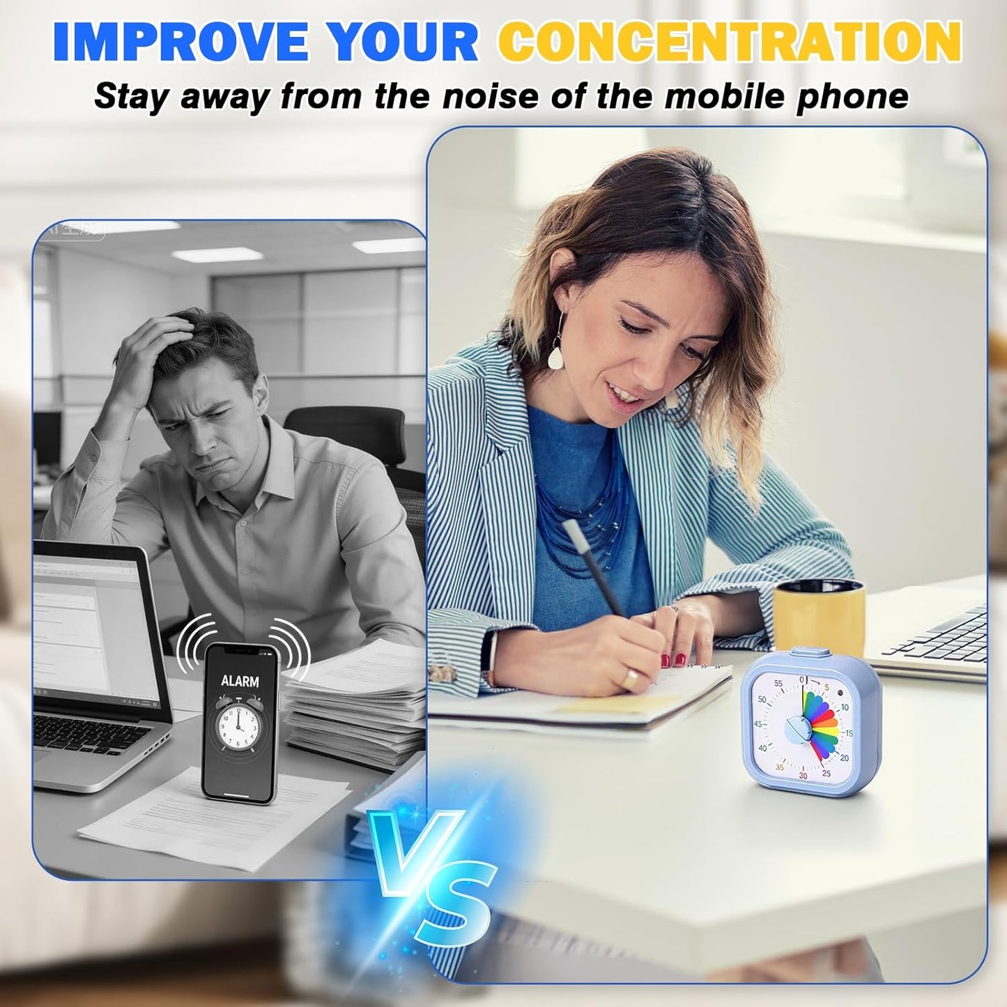 Mwellewm Visual Timer for Kids, 60 Minute Time Digital Pomodoro Timer Countdown with Silent Pause Function for Classroom Kitchen Study Cooking Meetings ADHD Rainbow Pattern(Blue)