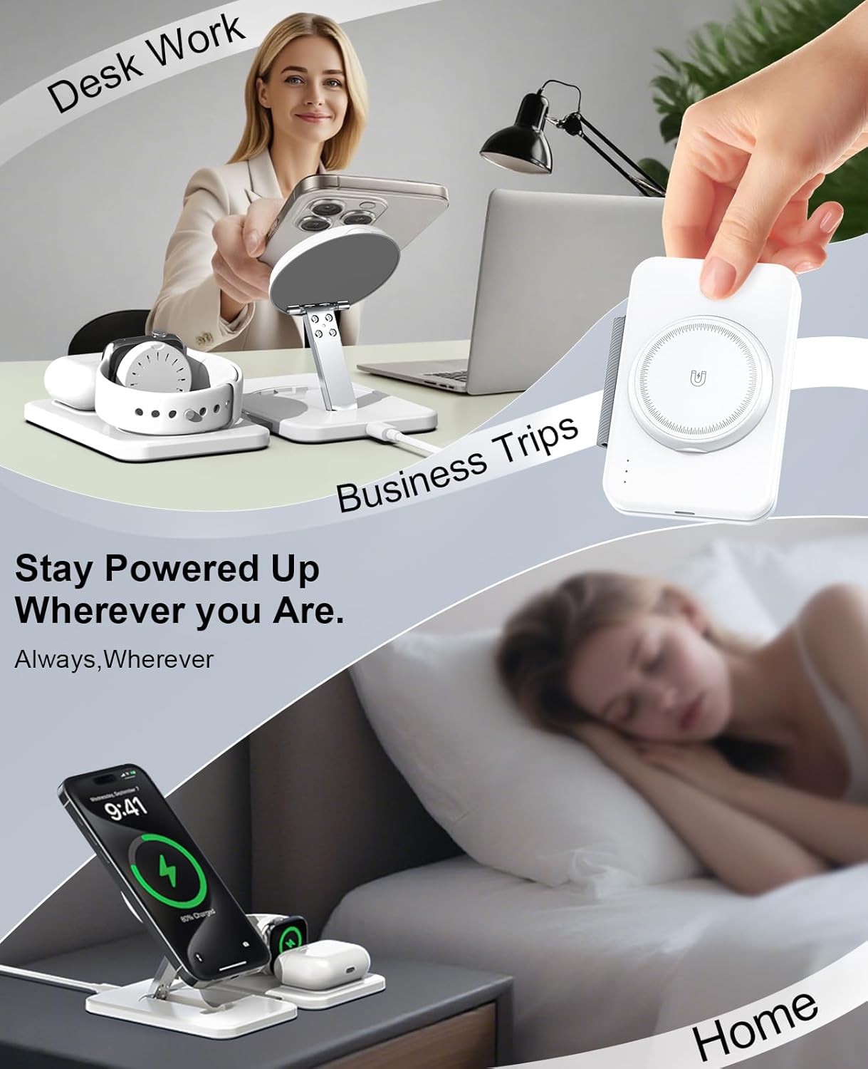 3 in 1 Magnetic Wireless Charger for Apple Multiple Devices, Foldable Fast Charging Station - Magsafe Charger Stand, Travel Charger Pad for iPhone 17 16 15 14 13 12 Series/Apple Watch/AirPods Pro