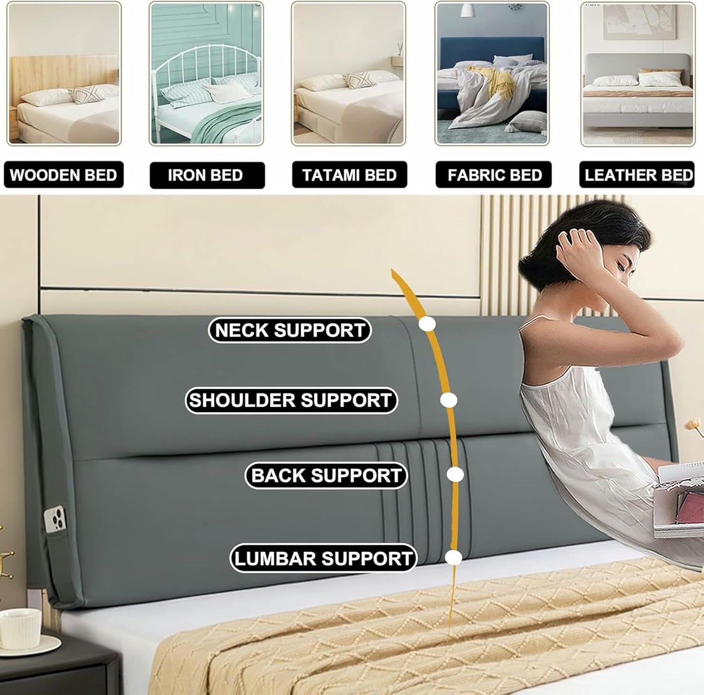 Large Support Backboard Headboard Wall Pillow Solid Color Wipeable Bedside Backrest Full Bed Rest Pillow Lumbar Support Pillowboard for Dorm Daybed,Beige,Paste/79x23x2In