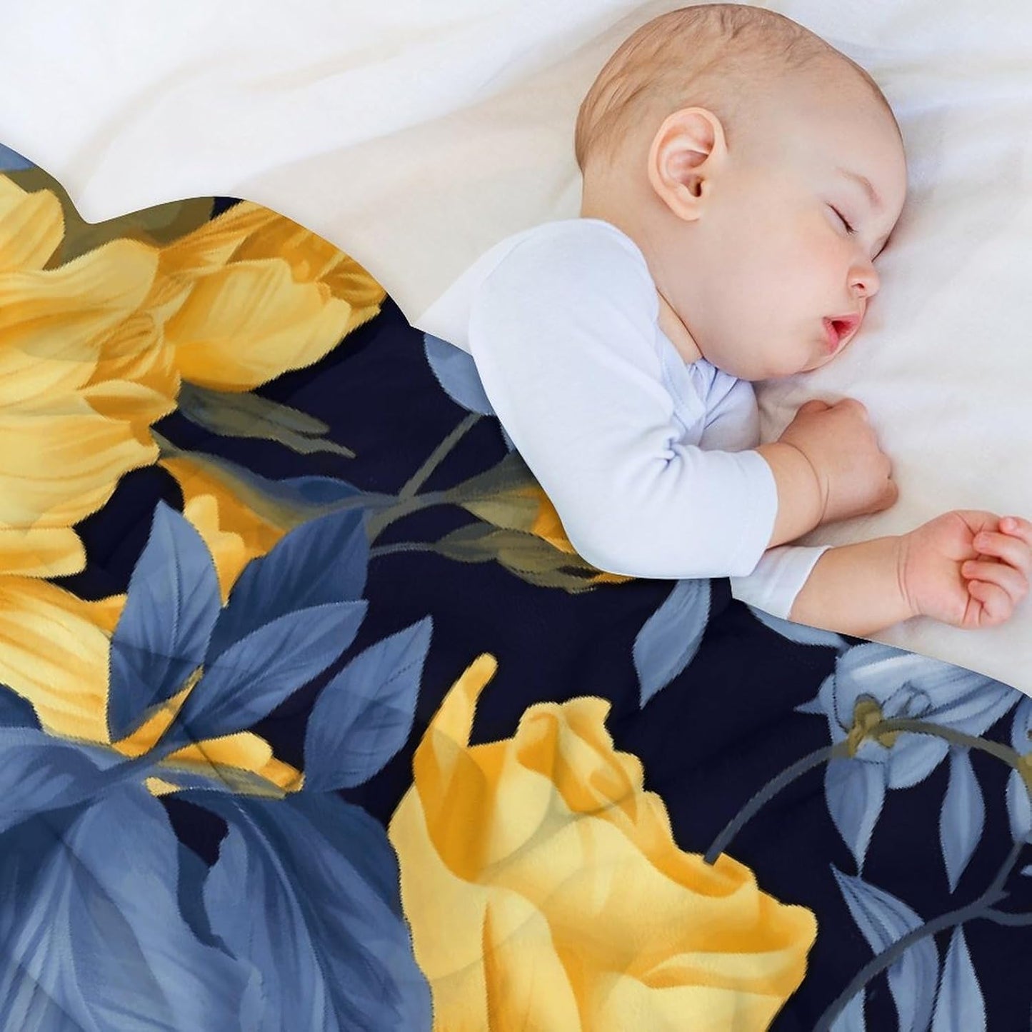 Blue Base Yellow Floral Blanket Chunky Fluffy Fuzzy Bed Blankets Cozy Soft Warm Winter Blankets Anti-Pilling Flannel Throw Blanket for Couch Living Room Bedroom Multiple Size