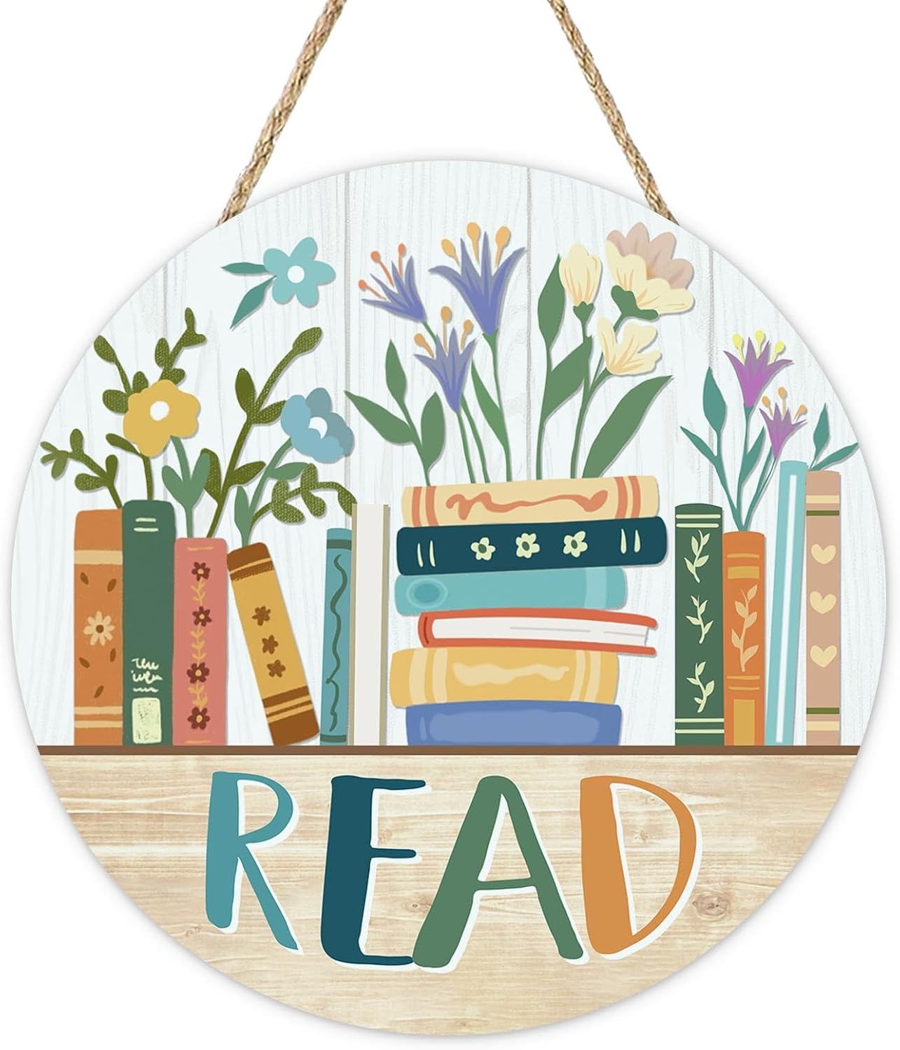 Reading Corner Read Books Floral Front Door Sign, Inspirational Library Wood Plaque Hanger School Classroom Study Decor, Wooden Wreath Wall Hanging Decoration Bookish Reader Book Lover Gift