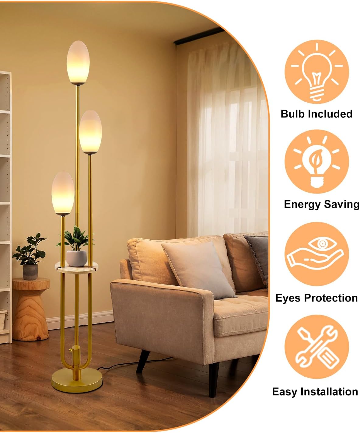 Gold Dimmable Floor Lamp with Table, Unique Candle Holder Style Tall Standing Lamps with 3000K G9 Bulbs for Reading, Mid Century Modern Floor Lamp for Living Room Bedroom Office