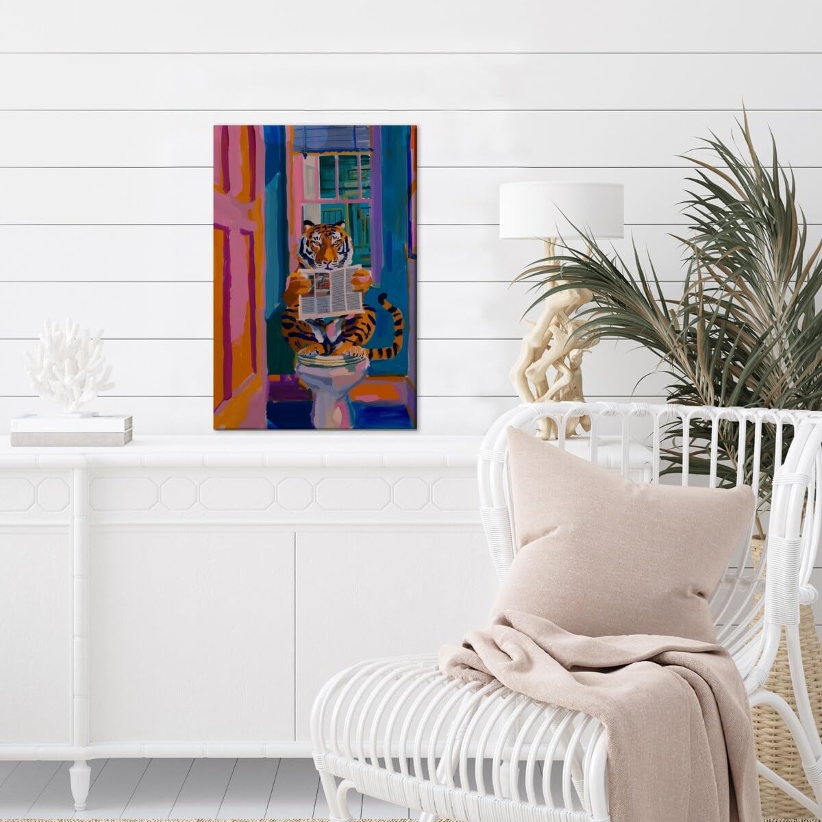 TcnBzydkij Funny Tiger Poster Minimalist Bathroom Wall Art Print Stylish Decor Reading Newspaper Dopamine Pink Kitsch Aesthetic Preppy Canvas 12x18inch Unframed