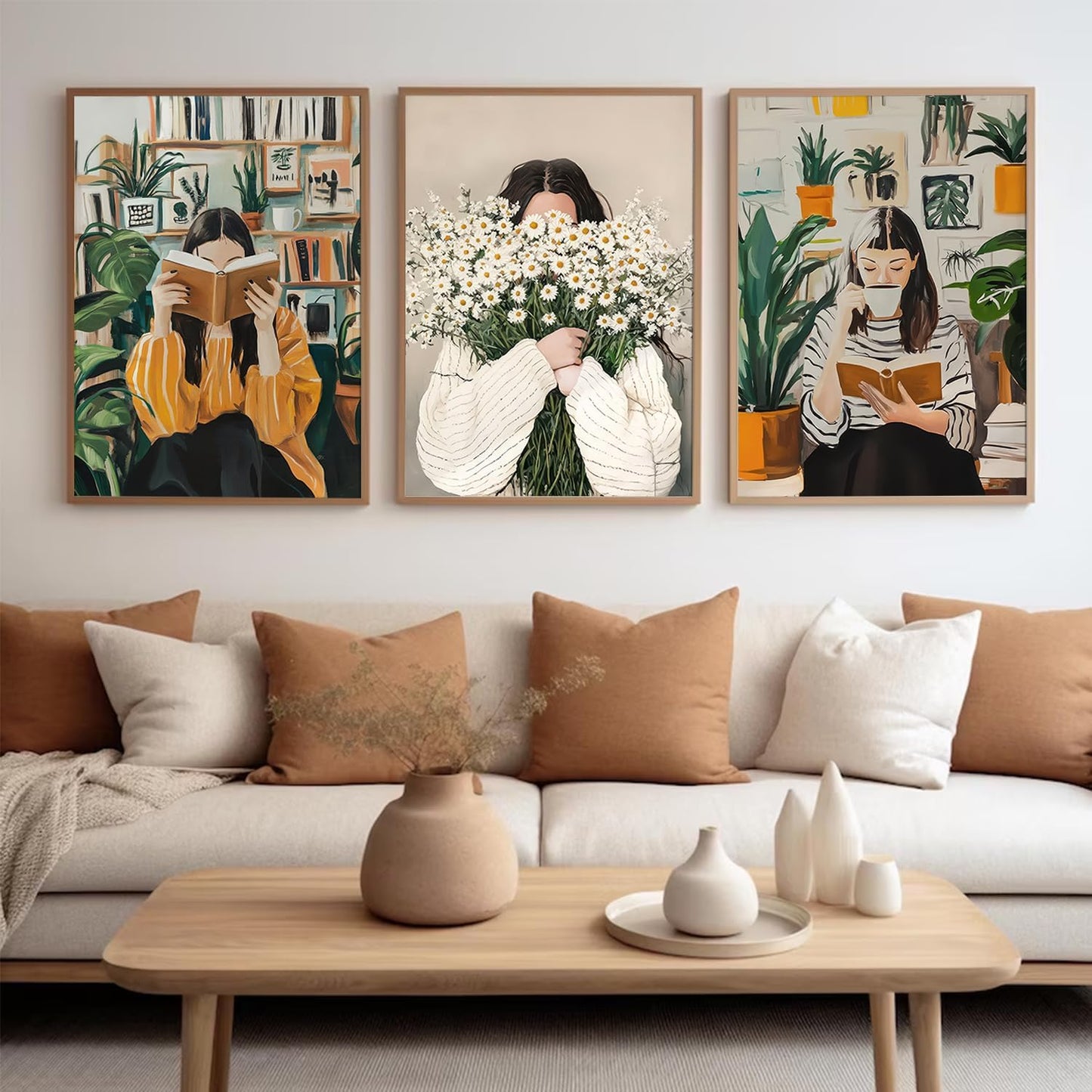 3Pcs Emerald Green Abstract Figure Wall Art Fashion Reading Woman and With Daisies Bouquet Poster Wall Decor Retro Picture Stripe Female Portrait Paintings for Living Room Bedroom 16x24in Unframed