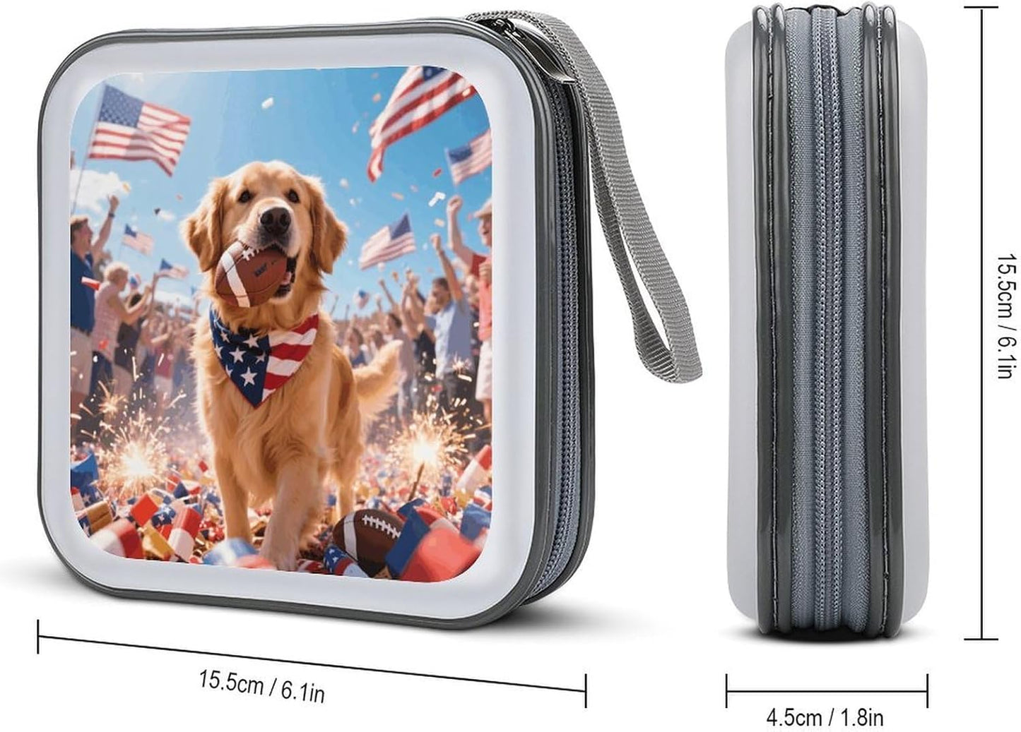 Patriotic Dogs CD Case Portable Zipper CD Case 40 Capacity Hard Plastic DVD Cases Holder Large Storage Disc Wallet Bag for Car Home Travel DVD Collection Bag
