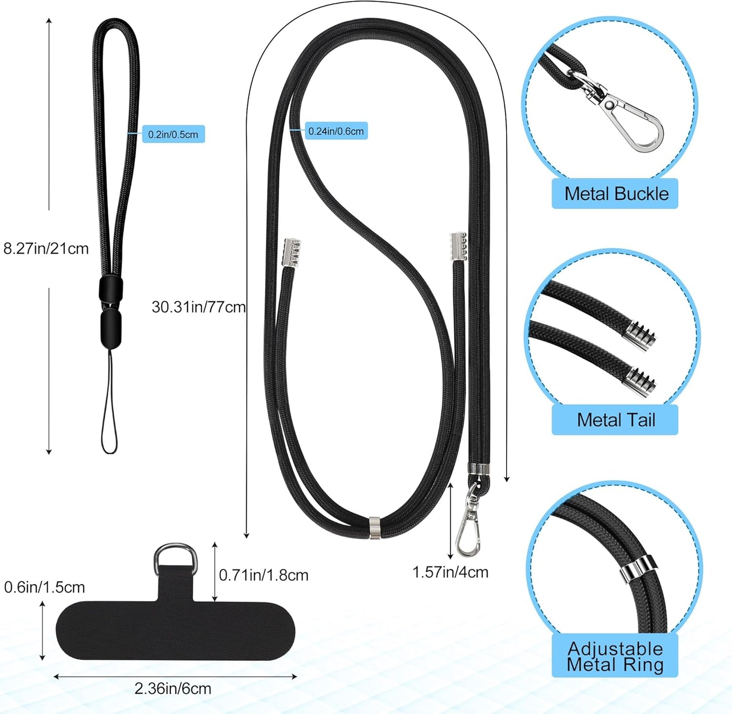 takyu Phone Lanyard, 2 Pack Adjustable Cell Phone Lanyard Crossbody Neck Strap & 2 Pack Phone Wrist Strap with 2 Pcs Tether Tabs Compatible for iPhone Android Smartphones-Black Grey