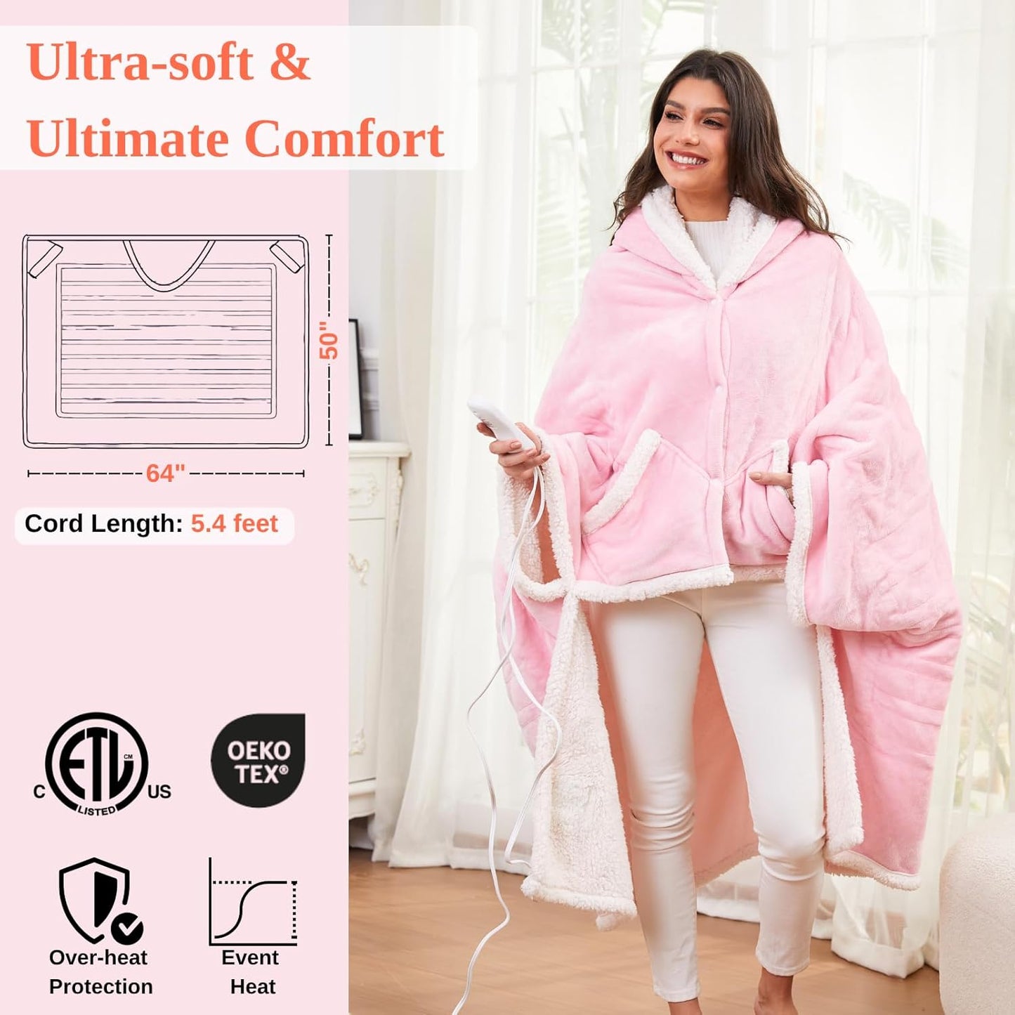 Heated Shawl Wraps for Women, Wearable Heated Throw Blanket, Electric Heated Wrap Poncho with Pockets,6 Heating Levels 4 Hours Auto-Off, Overheat Protection Machine Washable, 50”x64”, Pink