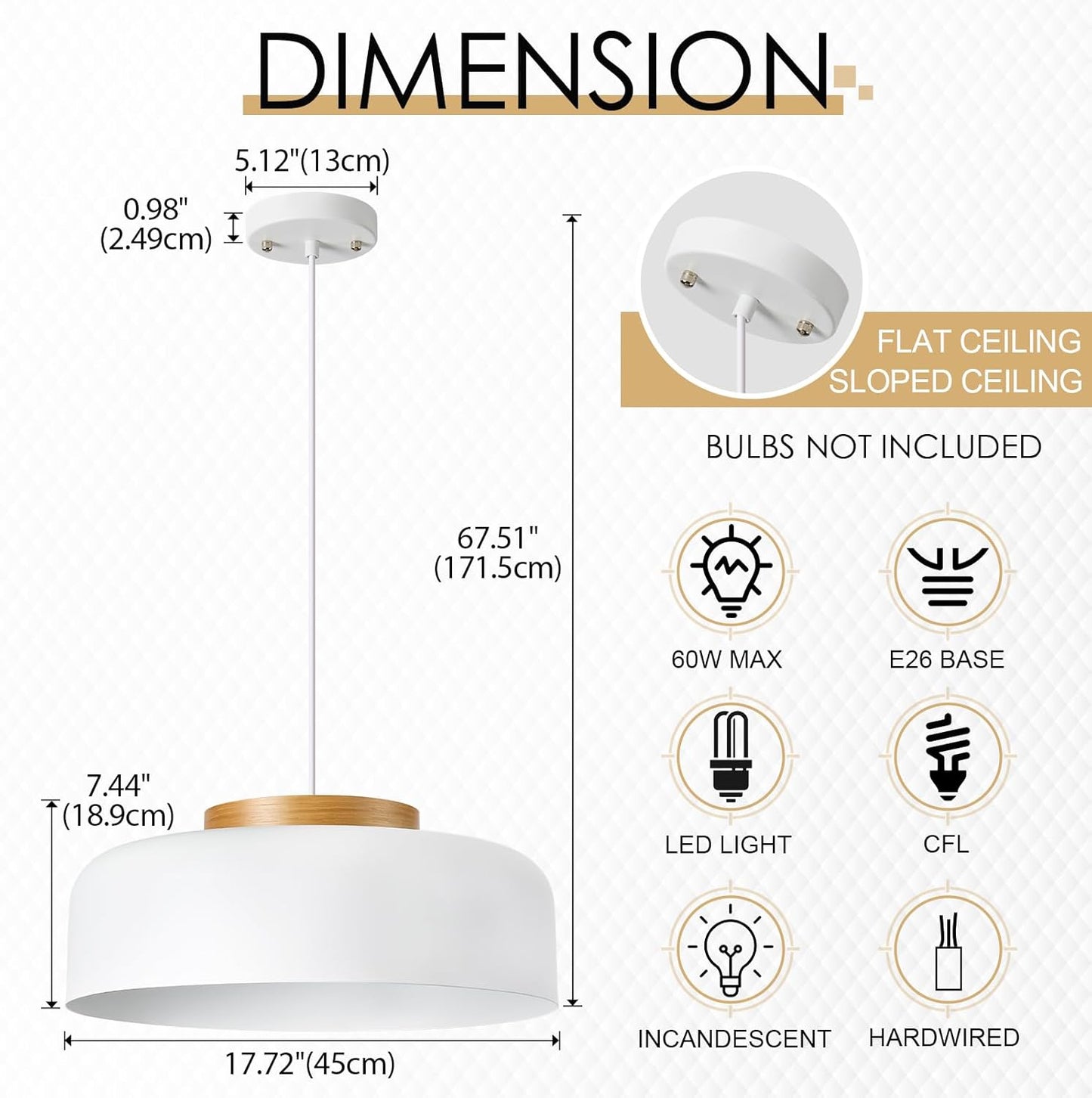 Large Pendant Lighting, 17.7 inch,Natural Wood Cap, Adjustable Cord,Simple Modern Chandelier for Dining Room, Kitchen Table Matte White