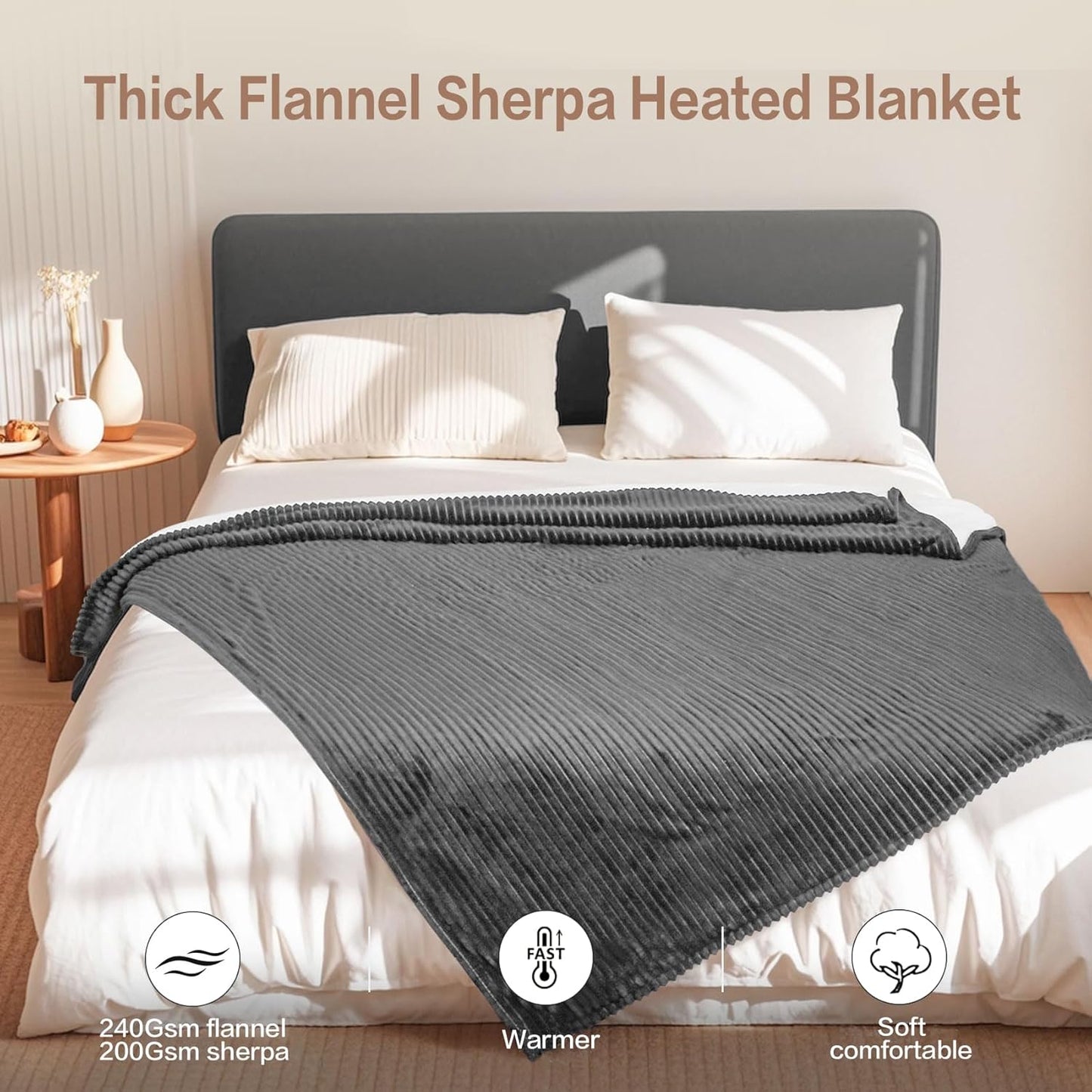 Tefici Heated Blanket Throw Electric Blanket Throw,50"x60" Heating Blanket, 6 Levels Fast Heating, 1-4 Hours Auto Off, Soft Flannel to Sherpa,Machine Washable, ETL&FCC Certified Grey