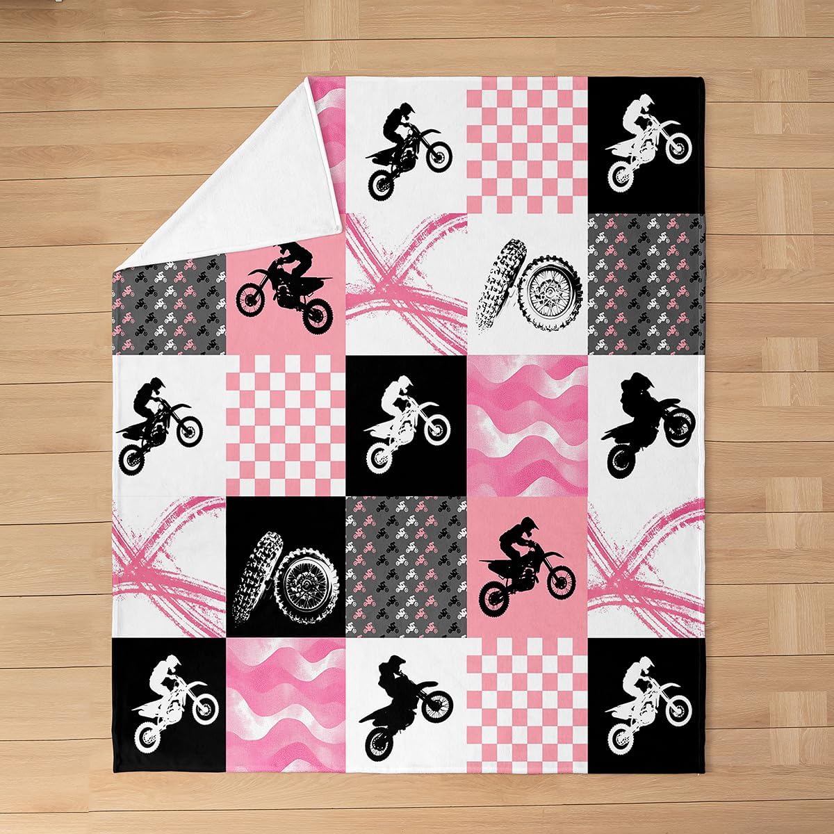 Erosebridal Dirt Bike Blanket Lightweight,Grunge Bike Track Patchwork Throw Blanket Bedroom Decor,Youth Motocross Fleece Flannel Ultra Warm,Gift for Girls,Pink White Grid Soft Soft,Throw