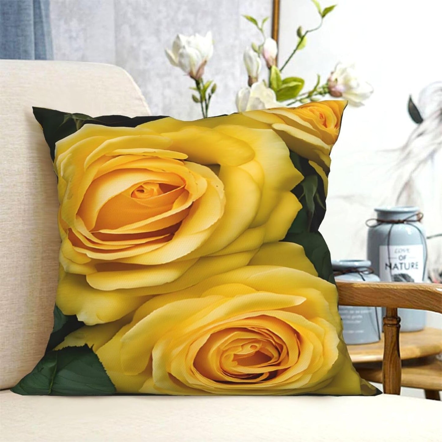 All-Season Square Pillow Covers 18"X18", Yellow Roses, Decorative Throw Pillow Covers for Sofa Bed Couch, Hidden Zipper Cushion Cover, Square Lumbar & Accent Pillowcases for Home Decor
