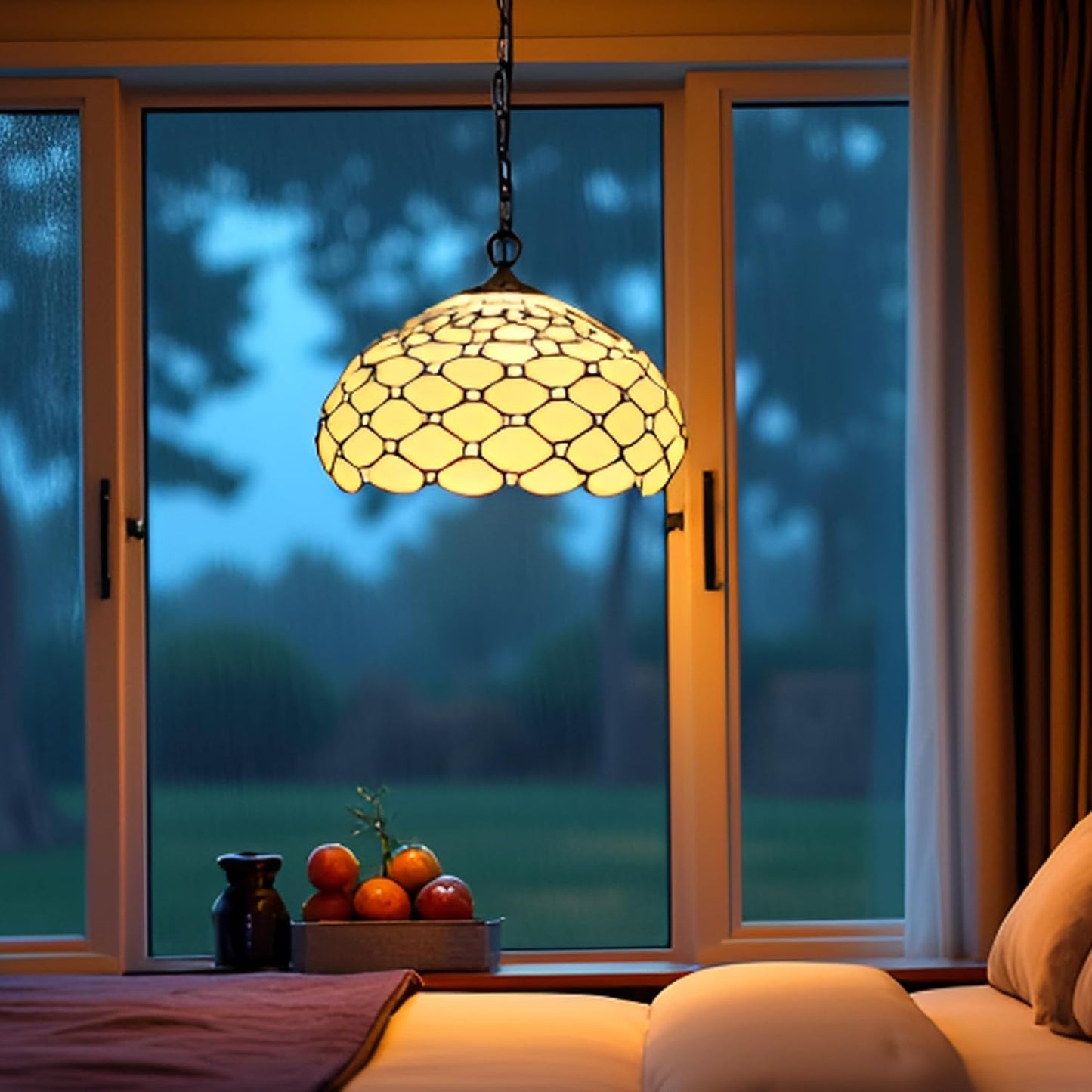 Tiffany Pendant Light Plug in Stained Glass Hanging lamp 12X12X181 Inch Hanging Lamp Living Room Bedroom Kitchen Dining Room Office(Cream Bead)
