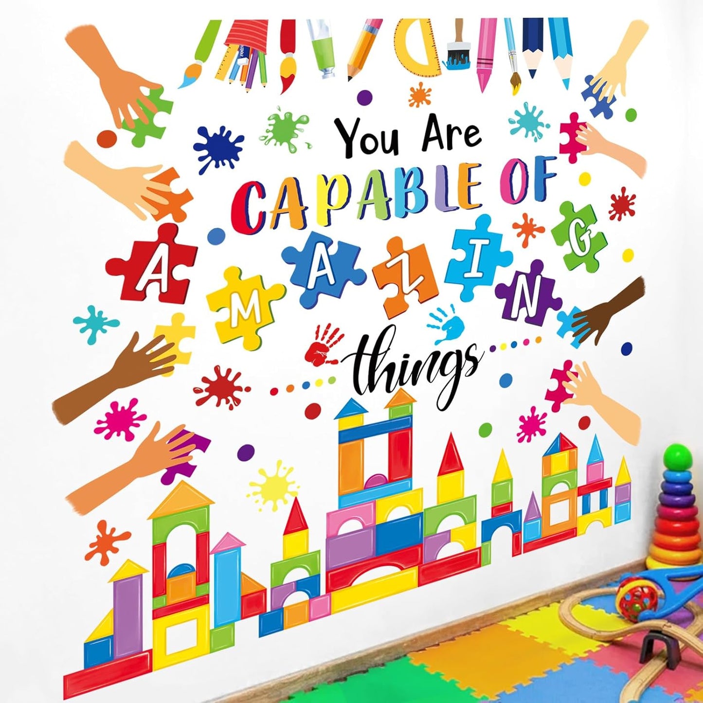 wondever Reading Corner Builders Blocks Wall Stickers Inspirational Quotes You are Capable of Amazing Things Handprint Paint Splatter Peel and Stick Wall Art Decals for Classroom Kids Room School