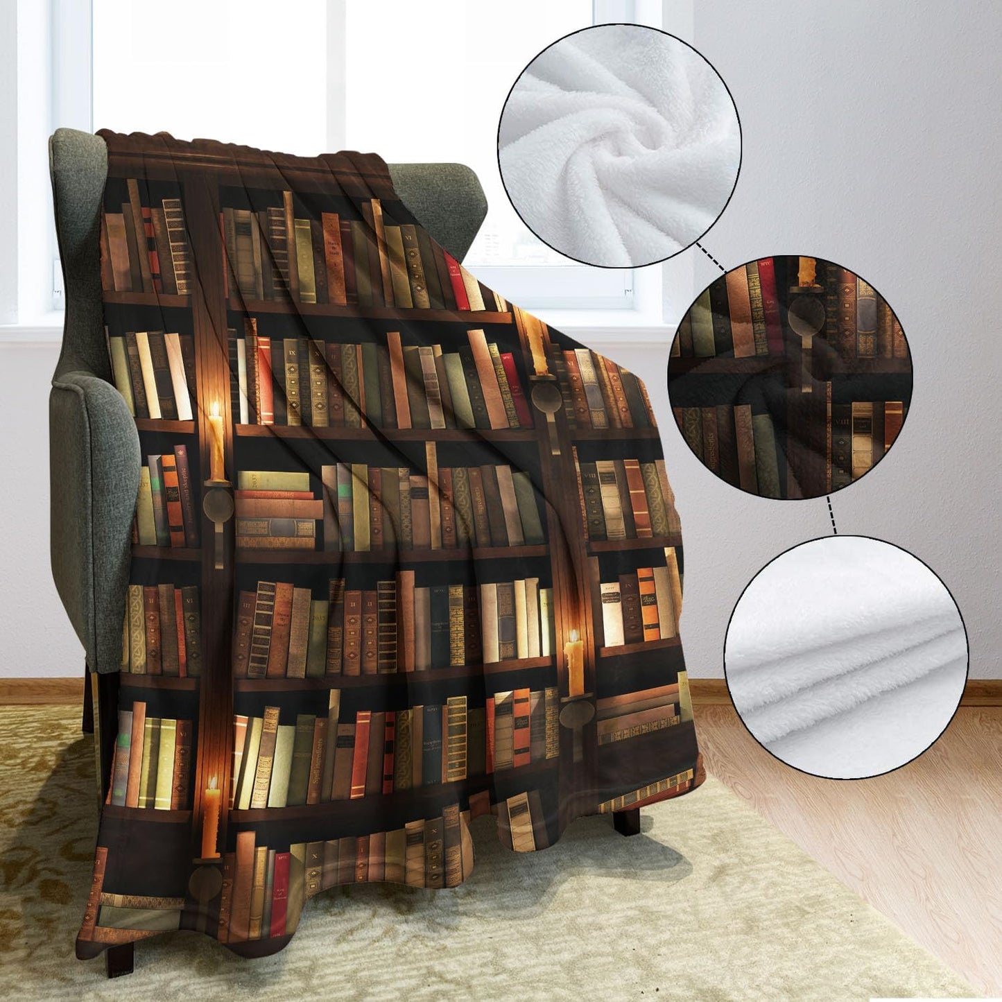 Blanket with Books on It, Soft Warm Fleece Throw Blankets for Book Lovers Gift Ideas, Vintage Library Bookshelf Candlelight, 40"x50"