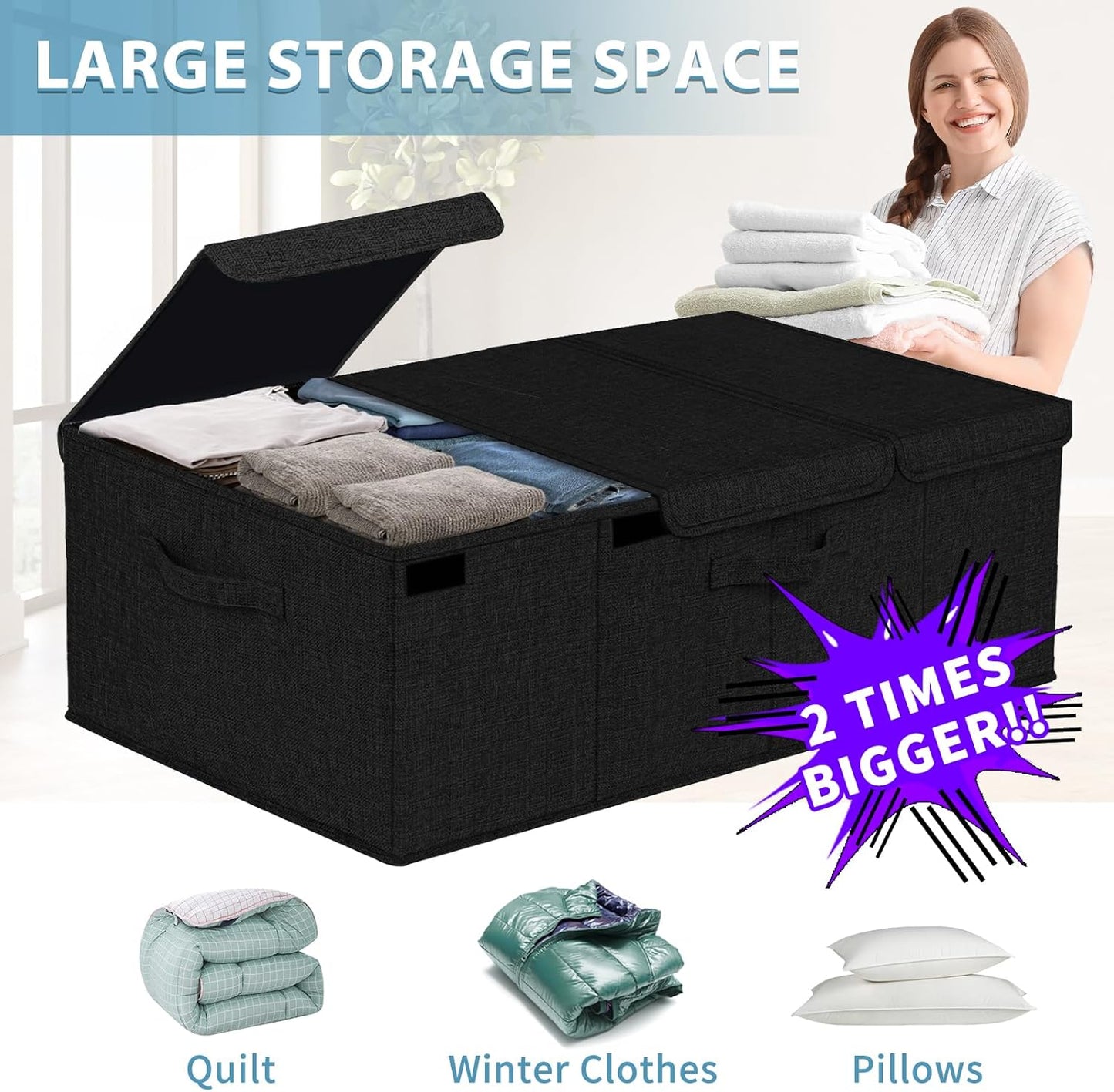 Deep Under Bed Storage Container, 10" Tall Height Underbed Box Bin with Lids 31" Long Large Basket for Under Bed, Bedroom, Dorms, Clothes, Bed sheets, Blankets, 2 Pack, Black