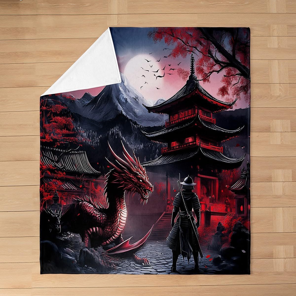 Feelyou Dragon Flannel Fleece Throw Blanket Throw 50"x60" Samurai All Season Bed Blanket for Sofa Couch Japanese Style 3D Dragon Theme Anime Ancient Wildlife Fuzzy Blanket Red Plush Blanket Room Decor