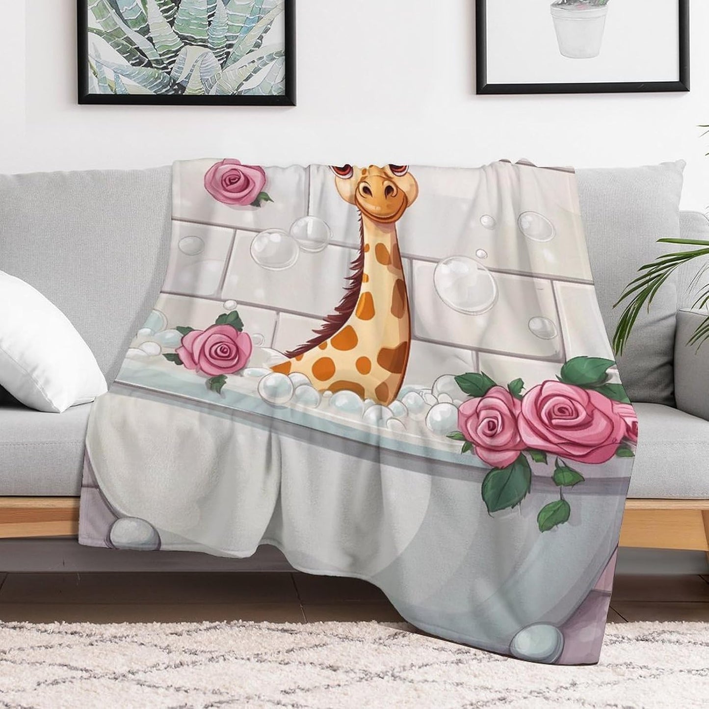 Funny Bathroom Giraffe Throw Blanket for Couch Bed Plush Cozy Fuzzy Flannel Blanket for All Season 40"x50"