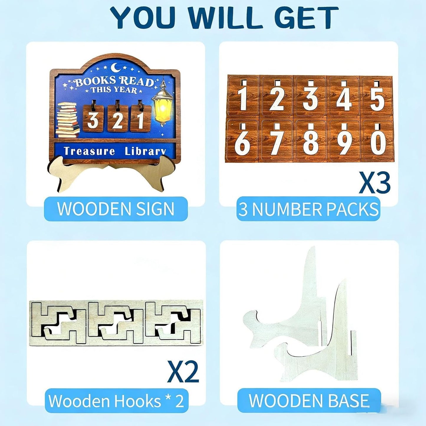 Books Read Counter, Wooden Reading Challenge Sign, 20x15cm Changeable Number Plates for Students, Pine Wood with Lantern and Book Pattern, Educational Decor Accessory with Adjustable Display