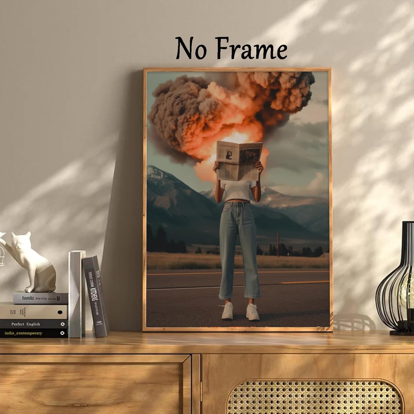 Vintage Surreal Canvas Wall Art Women Reading Newspaper Poster Funky Bar Cart Prints Trendy Aesthetic Wall Art Funny Egoless Posters Preppy Aesthetic Pictures 70s Retro Art Print 16x24inch No Frame