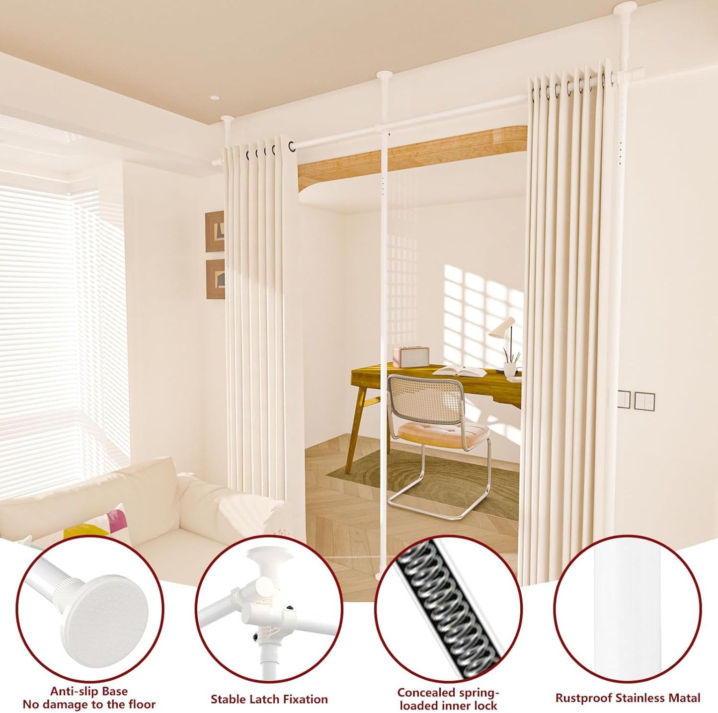 Room Divider,4-10ft(H) 28-114inch(W) Curtain Rod,Heavy Duty Adjustable Room Divider Tension Rod No Drilling for Studio Apartment Room Separation