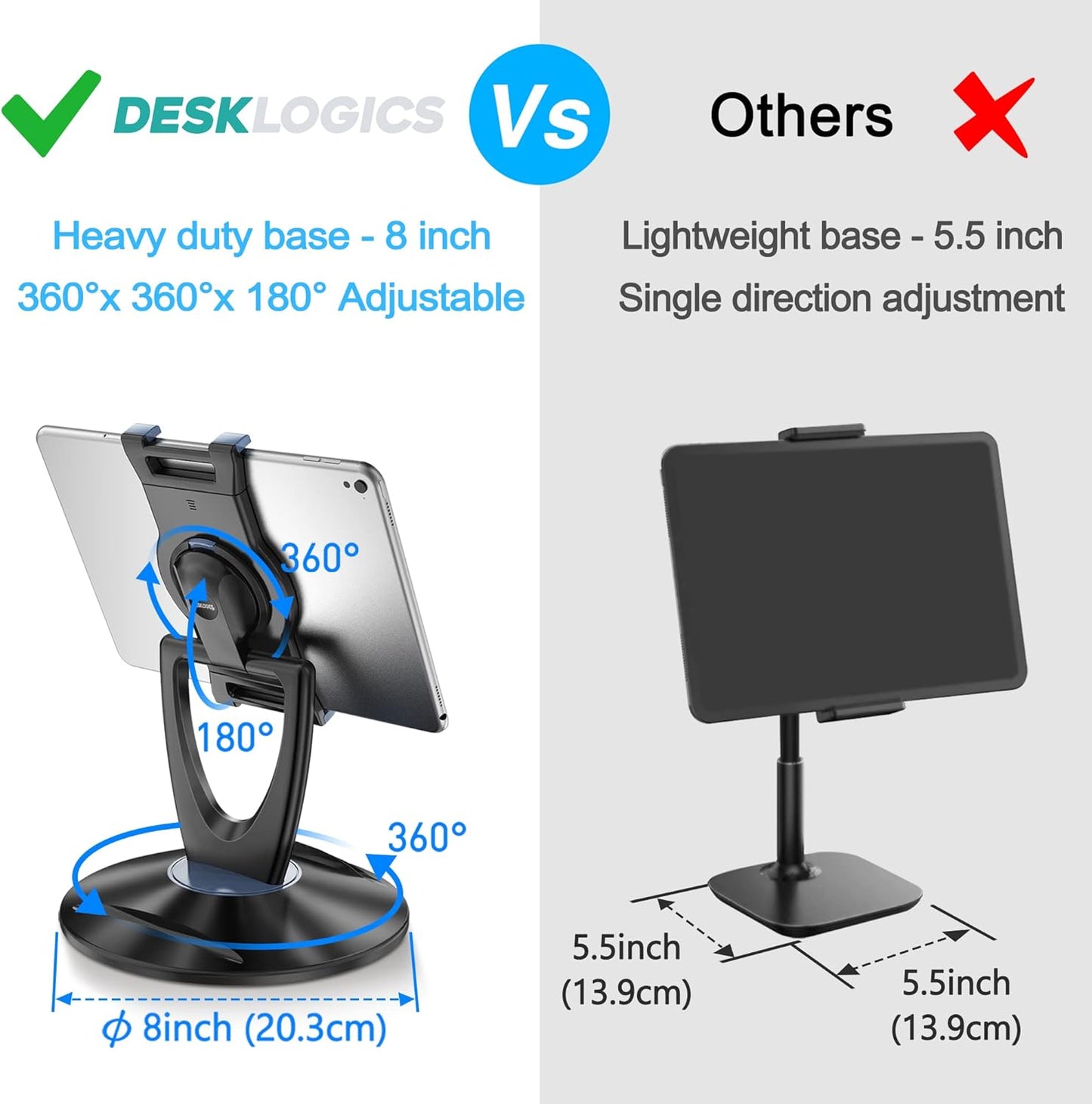 iPad Tablet Stand Holder for Desk - 6 inch to 13 inch - Stable, Adjustable - 360° Swivel Angle Pen Phone iPad Stand for Store, Retail Kiosk, Reception, Home Office, Gift Ideas - Black