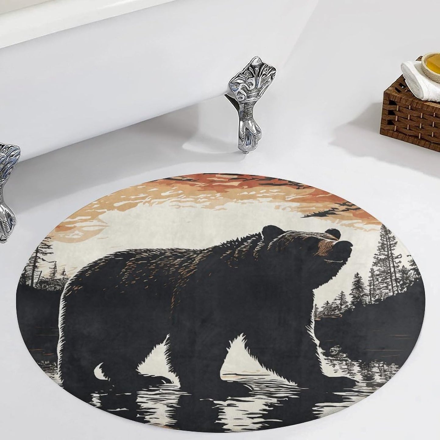 Bear Silhouette Circle Rug Retro Luxury Coral Velvet Floor Mat Non Slip Soft Indoor Floor Carpet Comfy Thickened Area Rugs Modern Aesthetic Minimalist Carpets for Home Decor