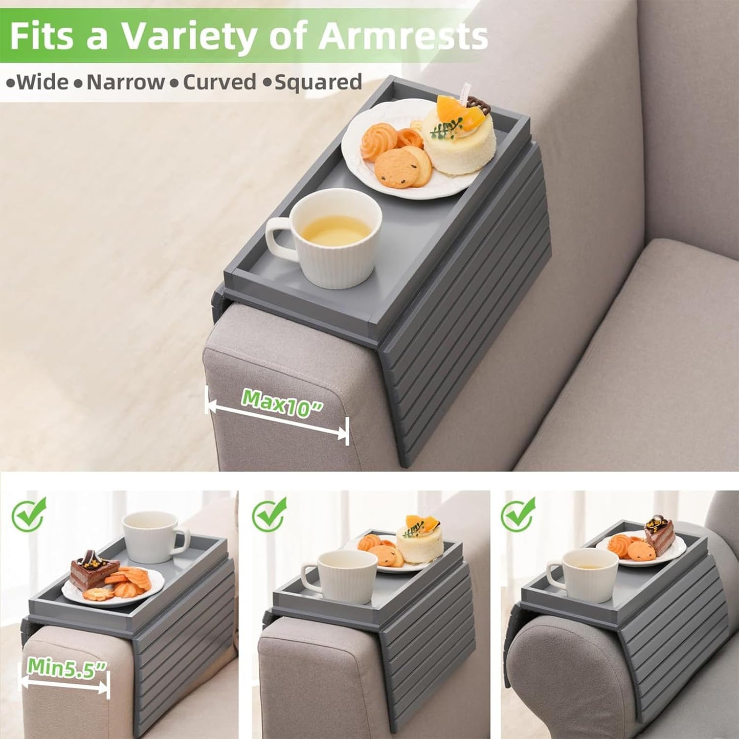 LESSF Couch Armrest Table, Bamboo Couch Arm Tray Sofa Arm Trays with Cup Mats, Anti-Slip Arm Chair Table Trays Sofa Side Table Sofas Arms Tables for Remote Control, Drinks, Phone, Cups (Grey)